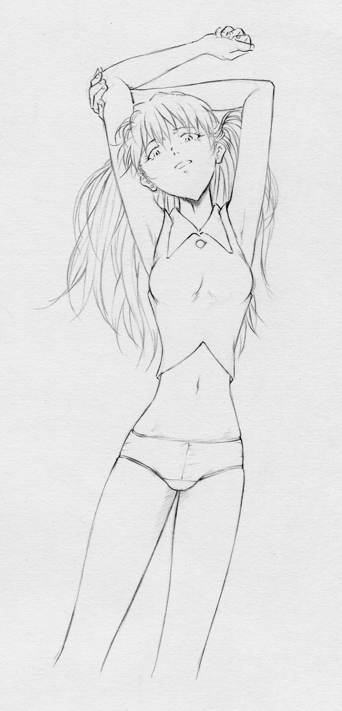meguro fukuzou, souryuu asuka langley, neon genesis evangelion, highres, 1girl, armpits, arms up, female focus, midriff, monochrome, panties, solo, stretching, underwear, white background