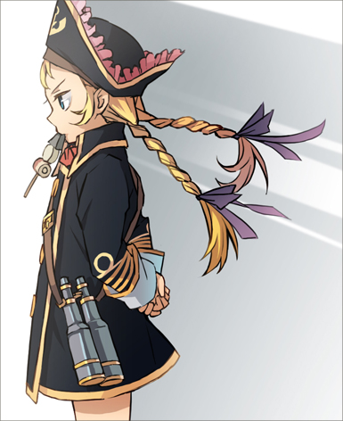 hanabi (artist), patty fleur, tales of (series), tales of vesperia, bad id, bad pixiv id, lowres, 00s, 1girl, arms behind back, binoculars, blonde hair, blue eyes, braid, female focus, food, hat, long hair, mouth hold, ribbon, solo, twin braids