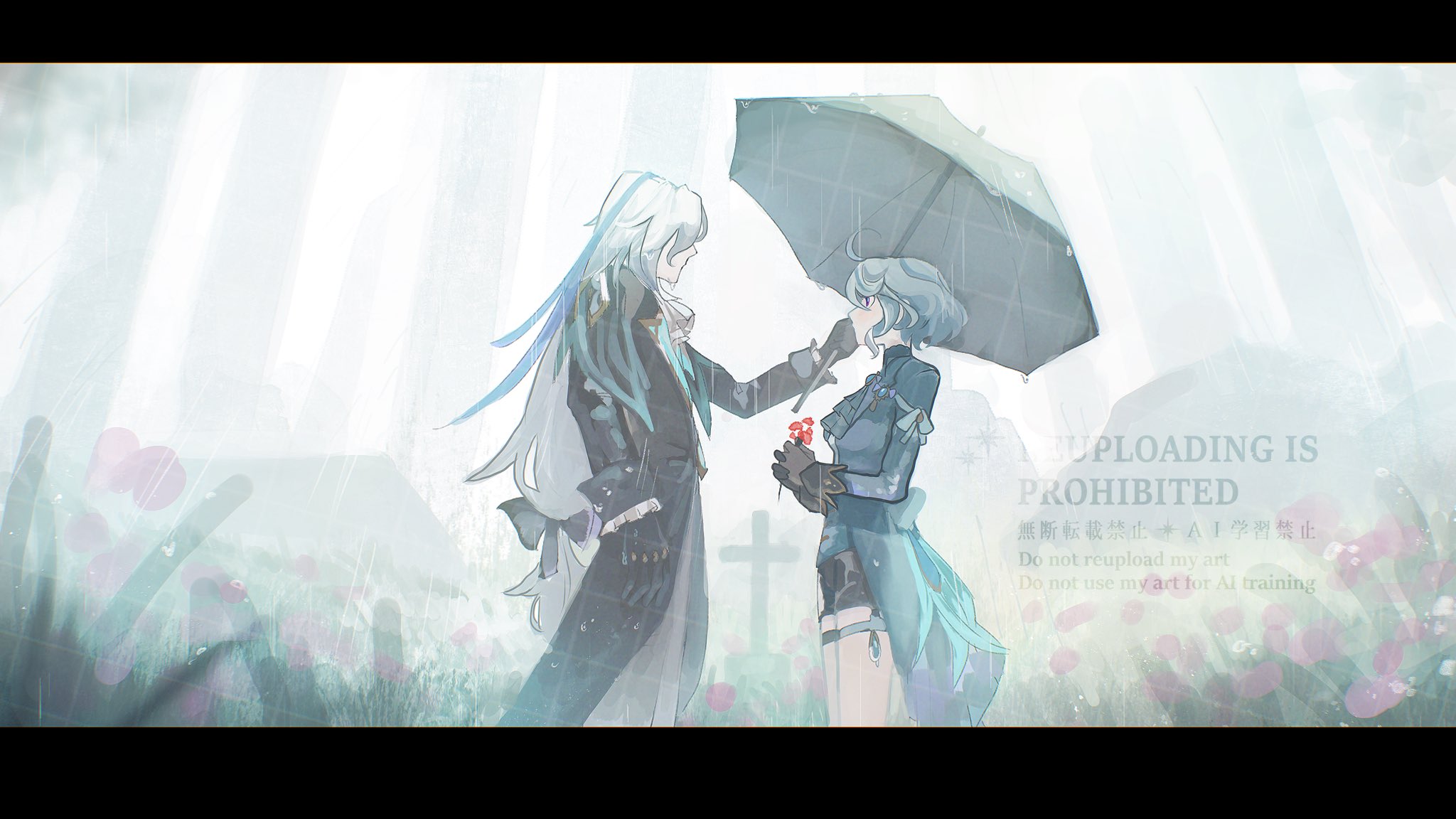 furina (genshin impact), neuvillette (genshin impact), genshin impact, highres, 1boy, 1girl, ahoge, black coat, black shorts, blue hair, blue jacket, coat, cross, flower, from side, grave, holding, holding flower, holding umbrella, jacket, long hair, long sleeves, looking at another, m u s i n, multicolored hair, rain, shielding another from rain, short hair, shorts, streaked hair, umbrella, watermark, white hair