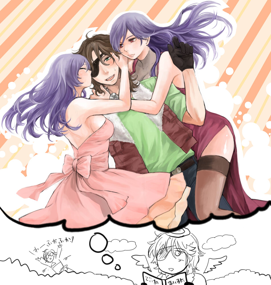 mishima ssuru, lockon stratos, neil dylandy, regene regetta, tieria erde, gundam, gundam 00, bad id, bad pixiv id, gender request, 00s, 2boys, 2girls, crossdressing, dreaming, eyepatch, genderswap, halo, heaven, multiple boys, multiple girls, speech bubble, thighhighs, thought bubble, trap, wings