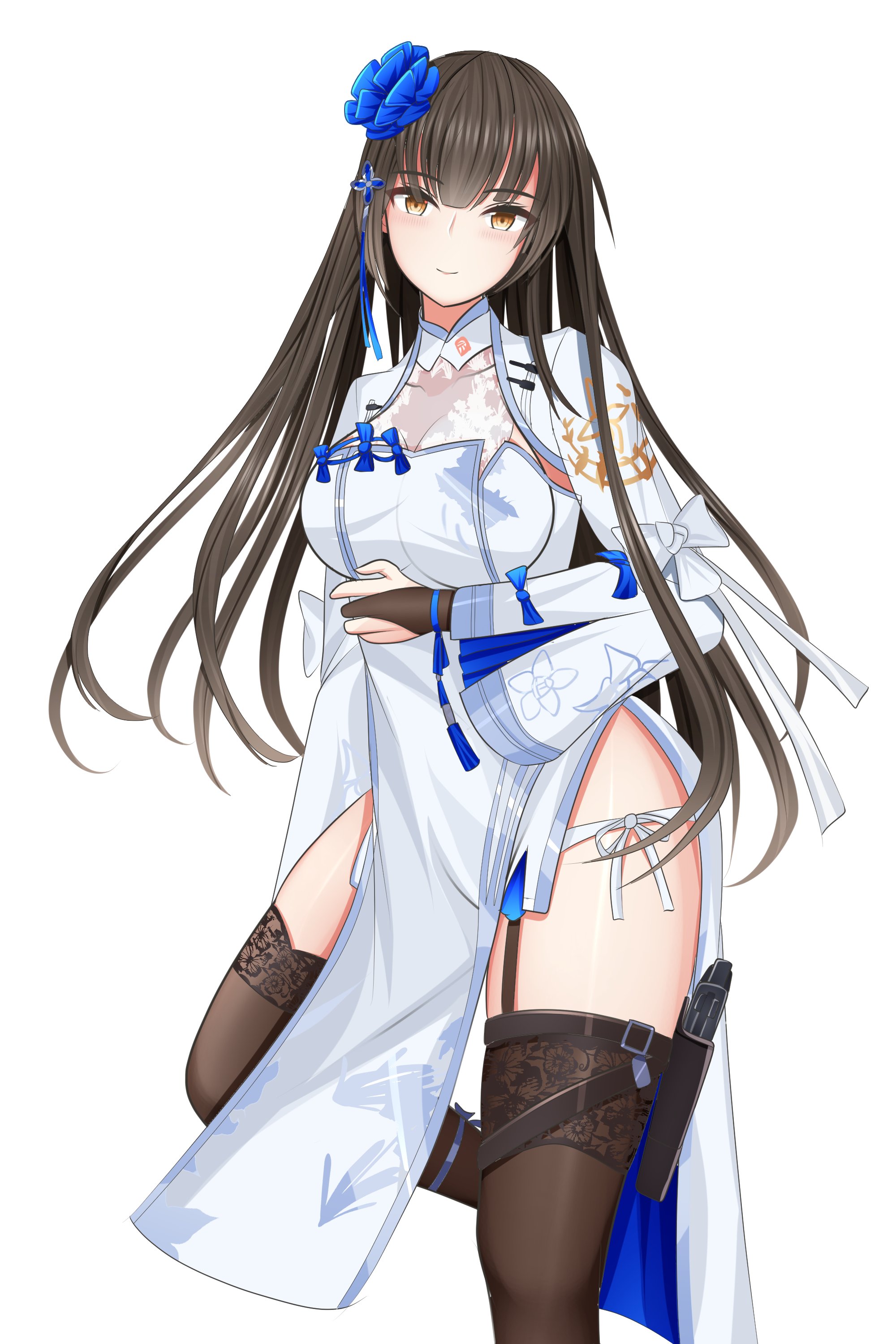 genius 1237to, daiyan (girls' frontline 2), type 95 (girls' frontline), girls' frontline, girls' frontline 2: exilium, absurdres, highres, 1girl, blue flower, brown eyes, brown hair, china dress, chinese clothes, chinese new year, dress, flower, garter straps, hairband, hand fan, long hair, looking at viewer, paper fan, simple background, thighhighs, thighs, white dress, white hairband