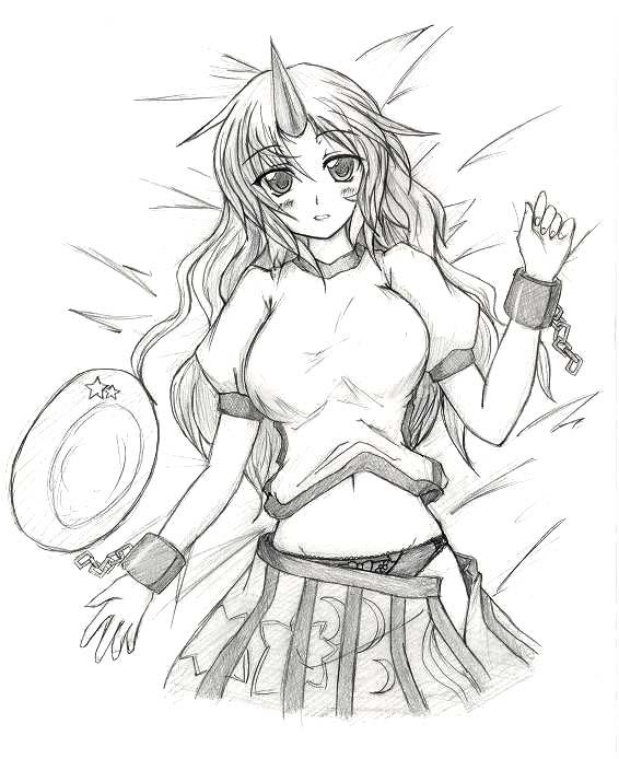eku, hoshiguma yuugi, touhou, bad id, bad pixiv id, graphite (medium), traditional media, 1girl, blush, bow, bow panties, breasts, chain, cuffs, female focus, greyscale, horns, large breasts, long hair, lying, monochrome, navel, panties, shackles, shirt, single horn, skirt, solo, underwear, undressing