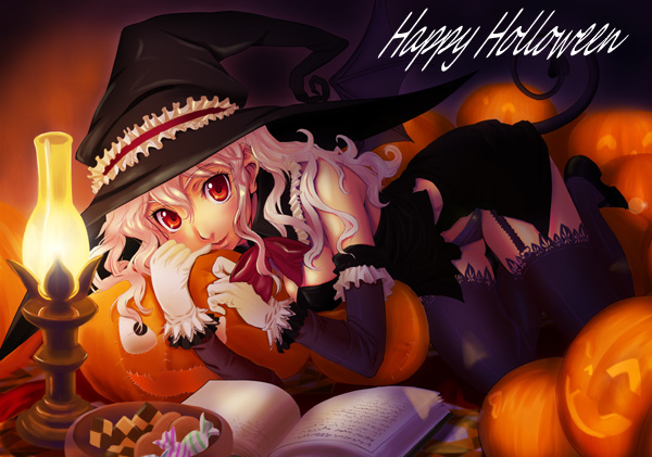 h kamome, original, 1girl, candy, checkerboard cookie, cookie, elbow gloves, female focus, food, gloves, halloween, happy halloween, hat, jack-o'-lantern, pumpkin, solo, thighhighs, typo, witch hat