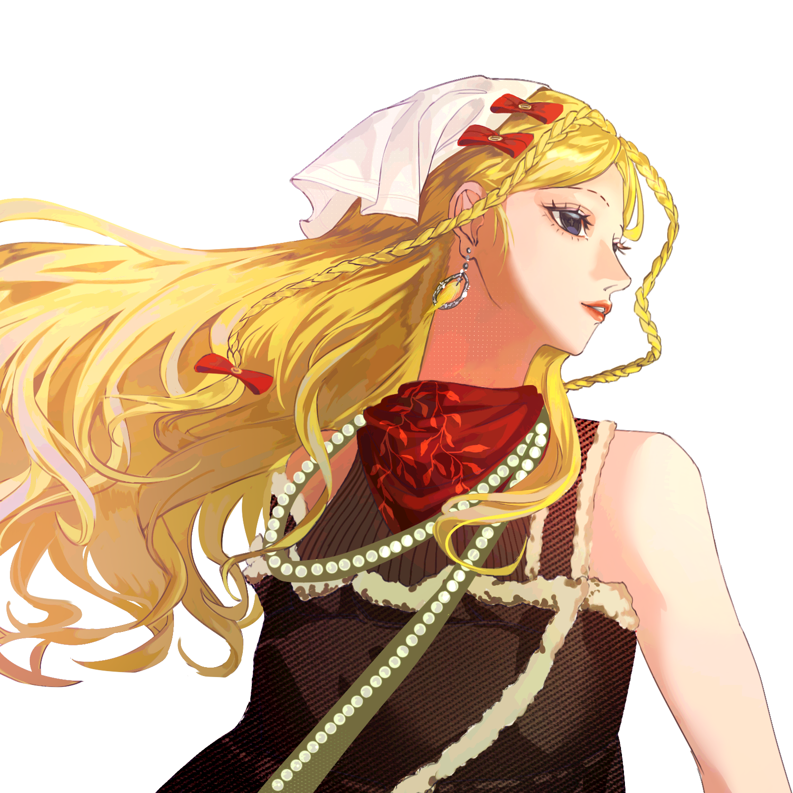 stylist (nikki), infinity nikki, nikki (series), highres, 1girl, bamboo print, bare shoulders, bead necklace, beads, black shirt, blonde hair, blue eyes, bow, braid, earrings, empty eyes, expressionless, eyelashes, floating hair, fur-trimmed shirt, fur trim, gem, hair bow, headscarf, jewelry, lipstick, long hair, long sidelocks, looking to the side, makeup, multiple hair bows, necklace, nostrils, parted lips, pointy nose, print scarf, red bow, red lips, red scarf, scarf, shirt, side braids, sidelocks, simple background, sleeveless, sleeveless shirt, solo, teeth, turan yuhaoda, twin braids, upper body, very long hair, wavy hair, white background, white headscarf, wind, yellow gem