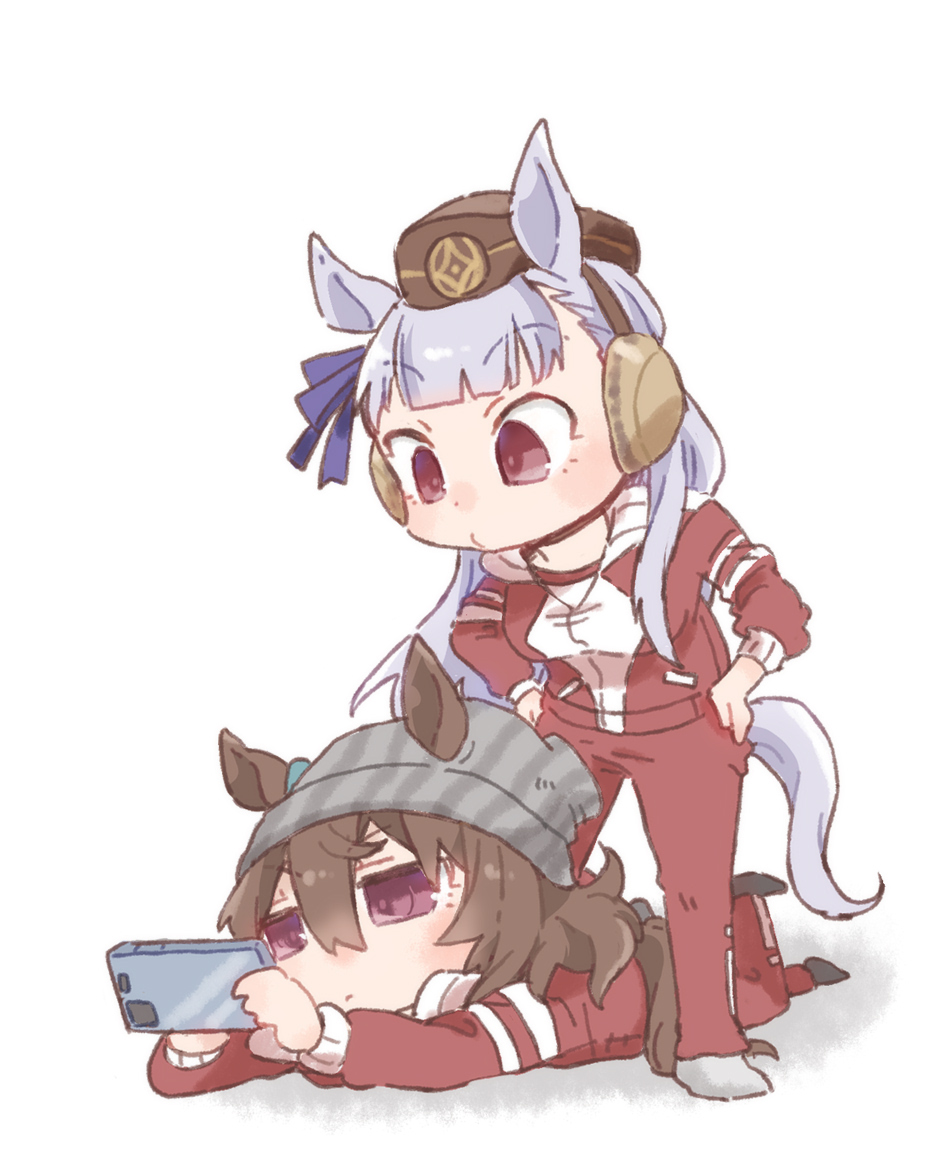 beer hsk, gold ship (umamusume), nakayama festa (umamusume), umamusume, 2girls, animal ears, beanie, blue bow, bow, brown hair, brown hat, cellphone, ear bow, ear covers, ears through headwear, grey hair, grey hat, hair between eyes, hat, holding, holding phone, horse ears, horse girl, horse tail, jacket, leg up, long hair, long sleeves, lying, mini hat, multiple girls, on stomach, pants, phone, purple eyes, red eyes, red jacket, red pants, shadow, standing, striped clothes, striped headwear, tail, track jacket, track pants, track suit, vertical-striped clothes, vertical-striped headwear, very long hair, white background