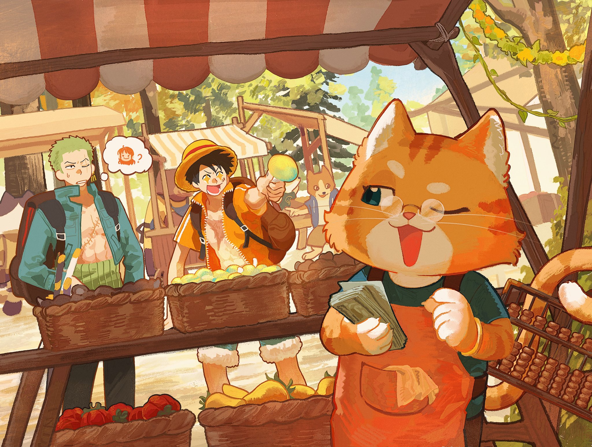 toku0034, monkey d. luffy, nami (one piece), roronoa zoro, one piece, commentary, highres, symbol-only commentary, 2boys, ?, backpack, bag, banknote, black hair, black pants, blue jacket, cat, cross scar, facial scar, feet out of frame, food, glasses, green hair, haramaki, hat, holding, holding money, jacket, katana, looking at another, male focus, money, multiple boys, one eye closed, open clothes, open jacket, open mouth, open shirt, orange shirt, outdoors, pants, scar, scar on cheek, scar on chest, scar on face, shirt, shop, shopping, speech bubble, straw hat, sweatdrop, sword, thought bubble, tree, vegetable, weapon