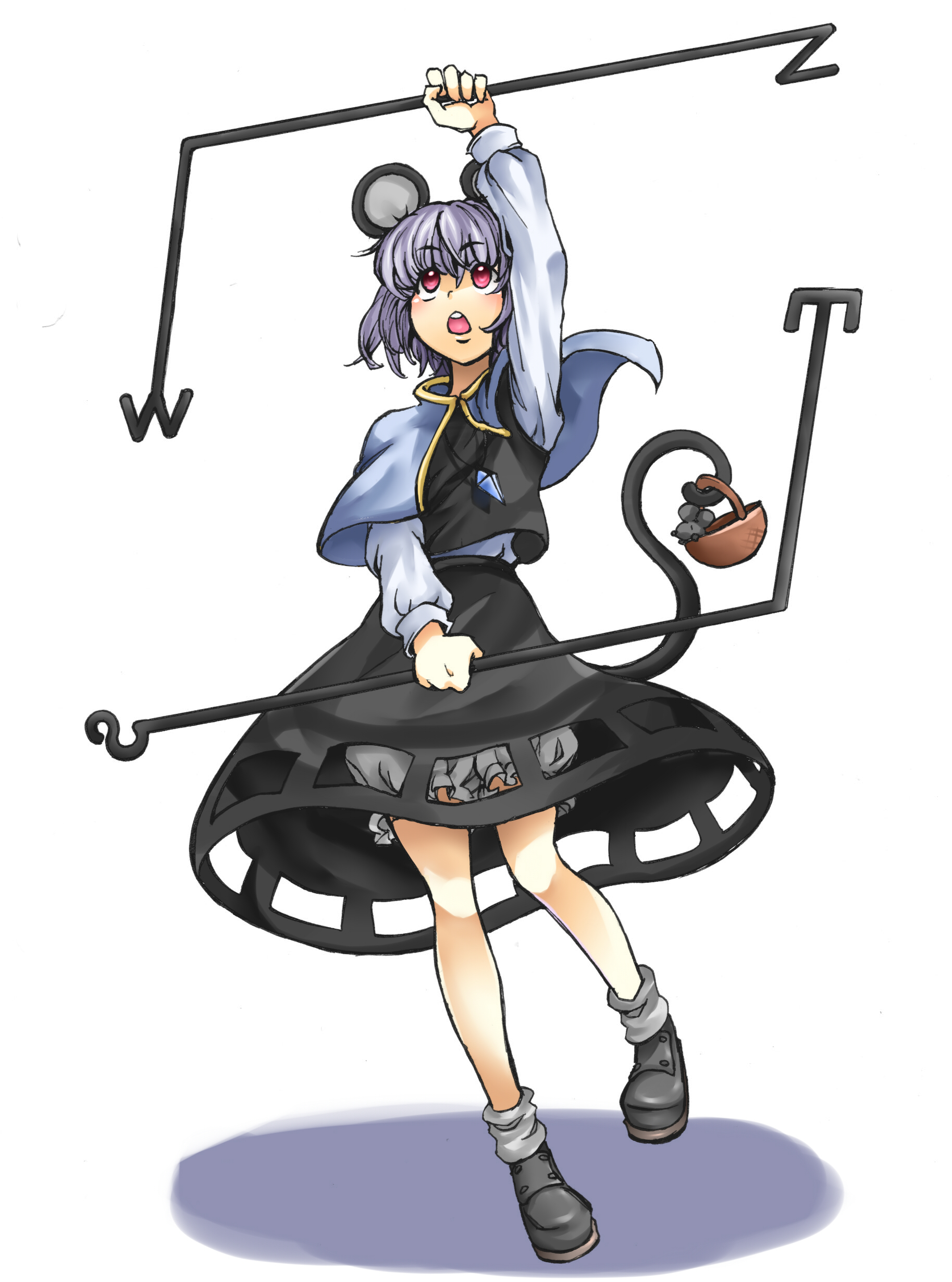 milusangun, nazrin, touhou, absurdres, bad id, bad pixiv id, highres, 1girl, animal ears, basket, bloomers, female focus, full body, grey hair, jewelry, mouse (animal), mouse ears, mouse tail, pendant, red eyes, shoes, short hair, simple background, socks, solo, standing, tail, underwear, white background