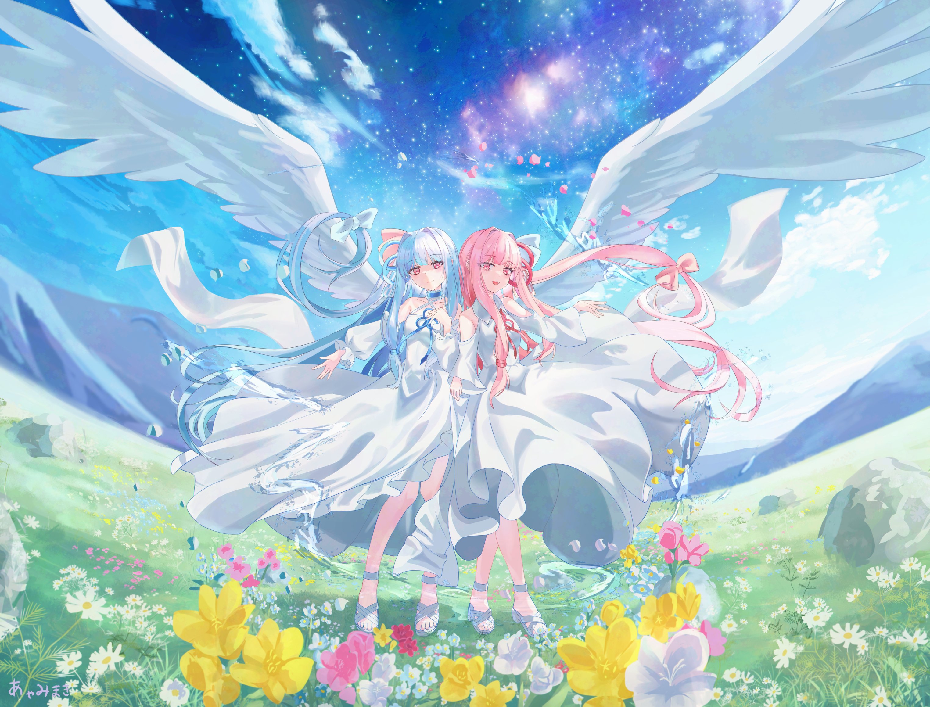 kotonoha akane, kotonoha aoi, voiceroid, highres, 2girls, bare shoulders, blue hair, blue sky, clothing cutout, cloud, detached sleeves, dress, feathered wings, field, flower, flower field, grass, long hair, long sleeves, looking at viewer, maki sakura225, multiple girls, pink eyes, pink flower, pink hair, shoes, shoulder cutout, siblings, sisters, sky, smile, white dress, white flower, white shoes, white sleeves, white wings, wings, yellow flower