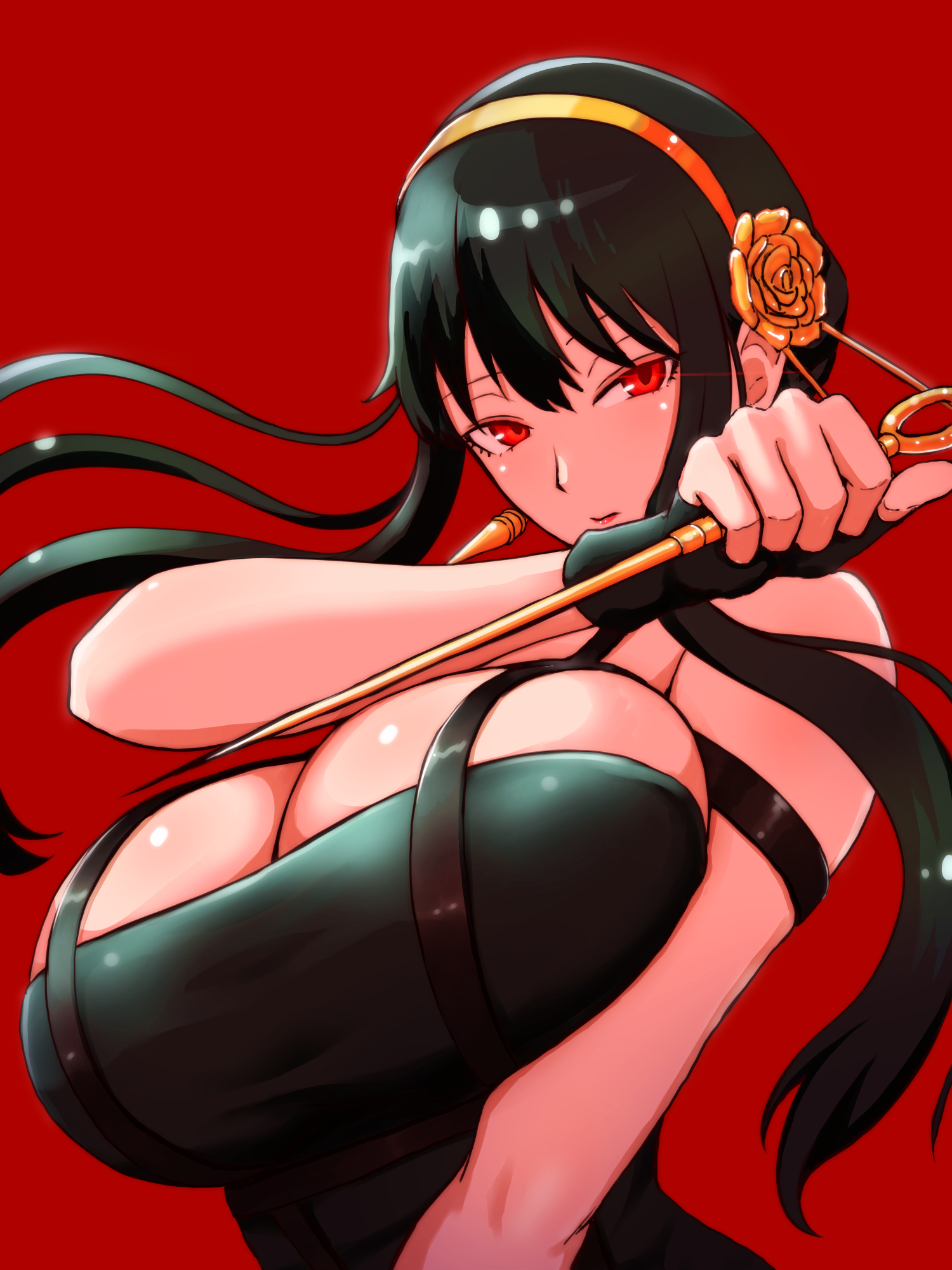 cutterhappa, yor briar, spy x family, commentary, highres, 1girl, bare shoulders, black dress, black hair, breasts, cleavage, dress, earrings, gold hairband, hairband, holding, holding weapon, jewelry, large breasts, looking at viewer, red background, red eyes, short hair with long locks, solo, weapon