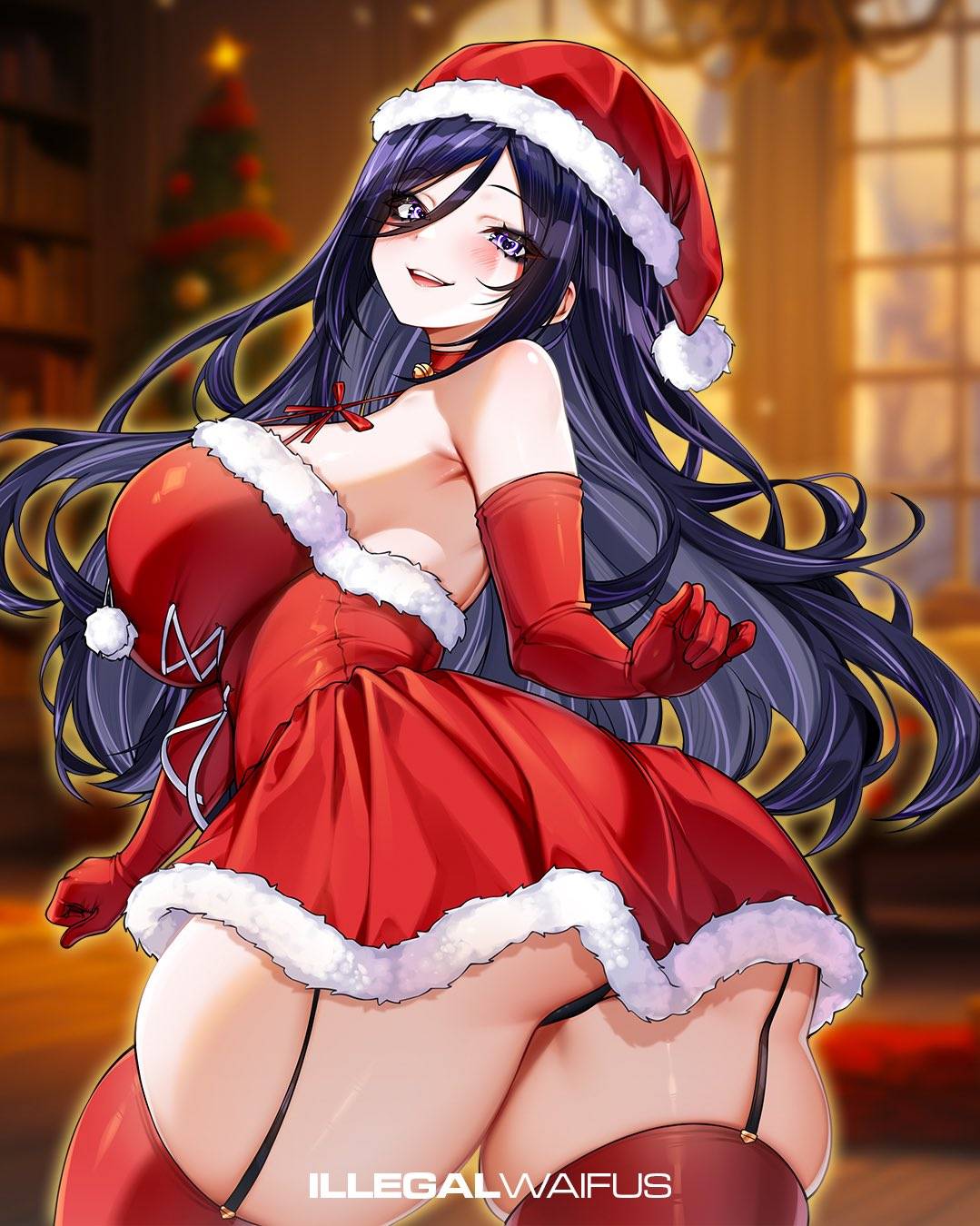 illegalwaifus, original, commentary, english commentary, highres, self-upload, 1girl, arm up, armpits, artist name, bare shoulders, bell, black hair, black panties, blurry, blurry background, blush, breasts, christmas, christmas background, christmas ornaments, christmas stocking, dress, eyelashes, gloves, hair ornament, hat, heart, heart-shaped pupils, jingle bell, large breasts, long hair, looking at viewer, looking back, merry christmas, multicolored eyes, multicolored hair, neck bell, open mouth, panties, purple hair, raised eyebrows, red dress, red gloves, red ribbon, red thighhighs, ribbon, santa costume, santa dress, santa hat, shiny skin, solo, symbol-shaped pupils, teeth, thick thighs, thigh strap, thighhighs, thighs, tongue, underwear, very long hair, watermark, white fur