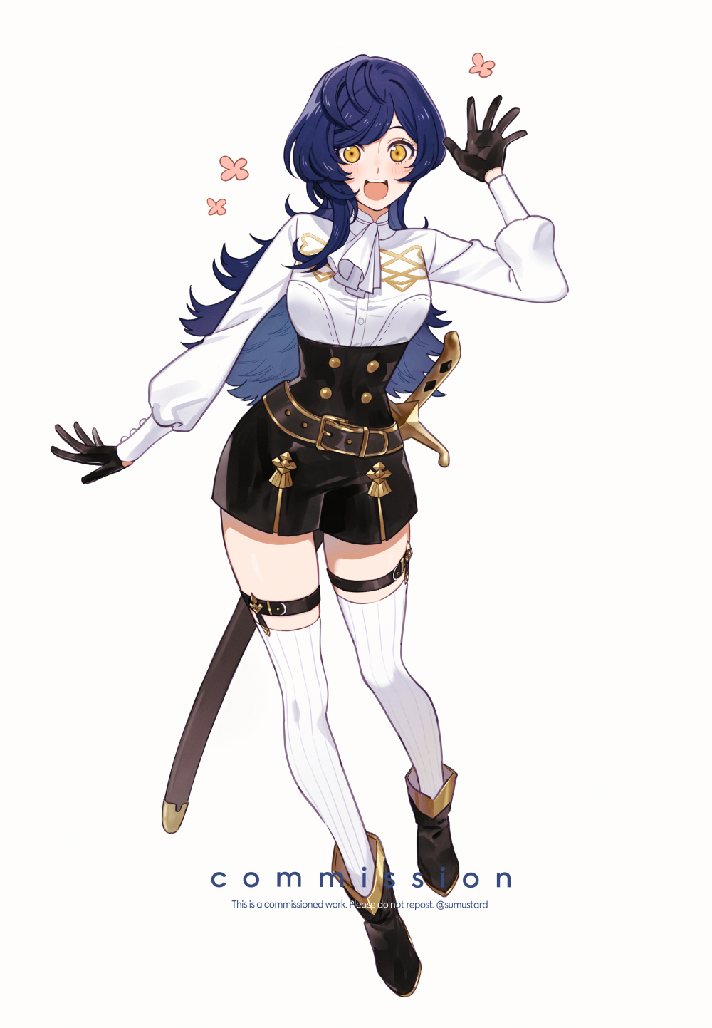 sumustard, fire emblem, fire emblem: three houses, nintendo, original, commission, highres, 1girl, :d, ankle boots, arm up, ascot, belt, belt buckle, black boots, black gloves, black shorts, blue hair, blush, boots, breasts, buckle, buttons, double-breasted, english text, full body, garreg mach monastery uniform, gloves, high-waist shorts, long hair, long sleeves, looking at viewer, medium breasts, open mouth, sheath, sheathed, shirt, shorts, simple background, smile, solo, swept bangs, sword, teeth, thigh strap, thighhighs, thighs, upper teeth only, very long hair, waving, weapon, white ascot, white background, white shirt, white thighhighs, yellow eyes