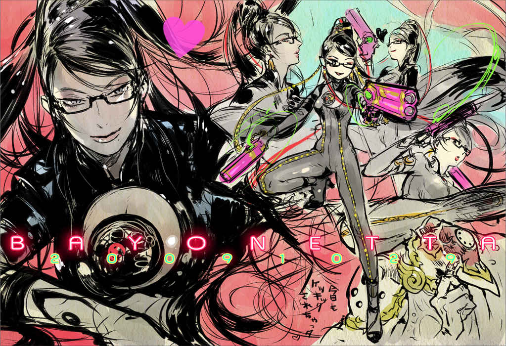 hnt, bayonetta, bayonetta (series), bayonetta 1, bad id, bad pixiv id, 1girl, aged down, black hair, bodysuit, eyeshadow, glasses, gun, hair bun, long hair, makeup, mole, mole under mouth, one eye closed, ribbon, single hair bun, weapon, wink