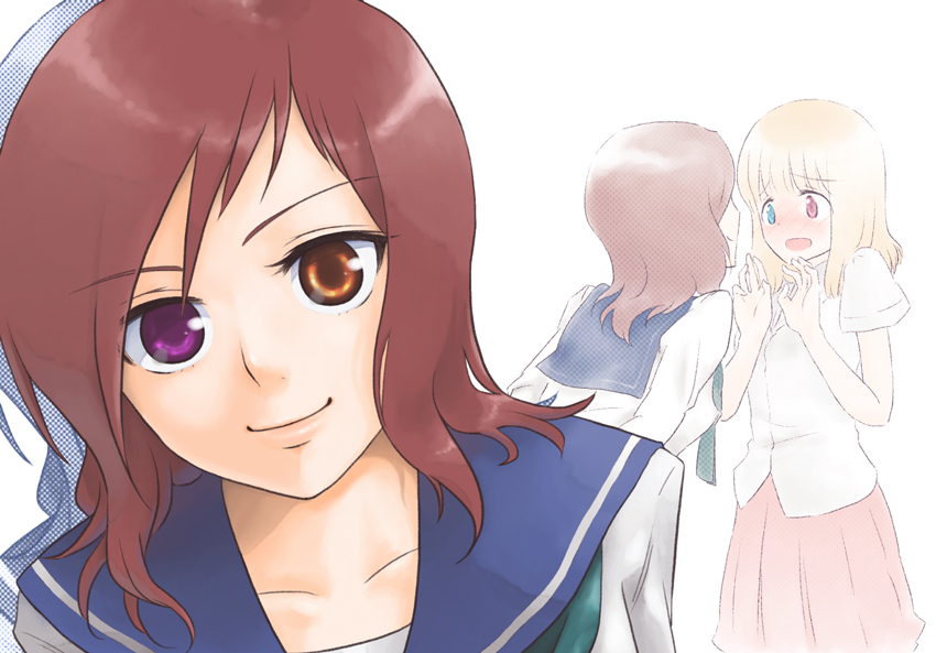 shoushu, fukuji mihoko, takei hisa, saki (manga), 00s, 2girls, blonde hair, blush, brown hair, eye contact, heterochromia, looking at another, multiple girls, school uniform, serafuku, skirt