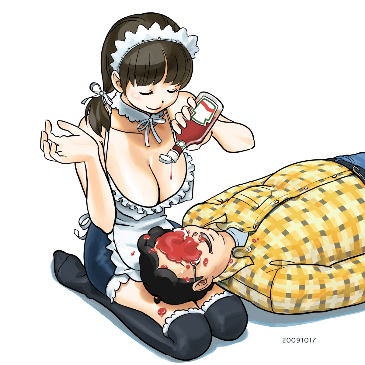 kiharatotsunori, plaid, highres, apron, belt, black hair, black thighhighs, blush, breasts, choker, cleavage, closed eyes, covered erect nipples, glasses, hairband, ketchup, kneeling, lap pillow, large breasts, lying, maid, maid apron, on back, ribbon, short twintails, sitting, smile, thighhighs, twintails, what, zettai ryouiki