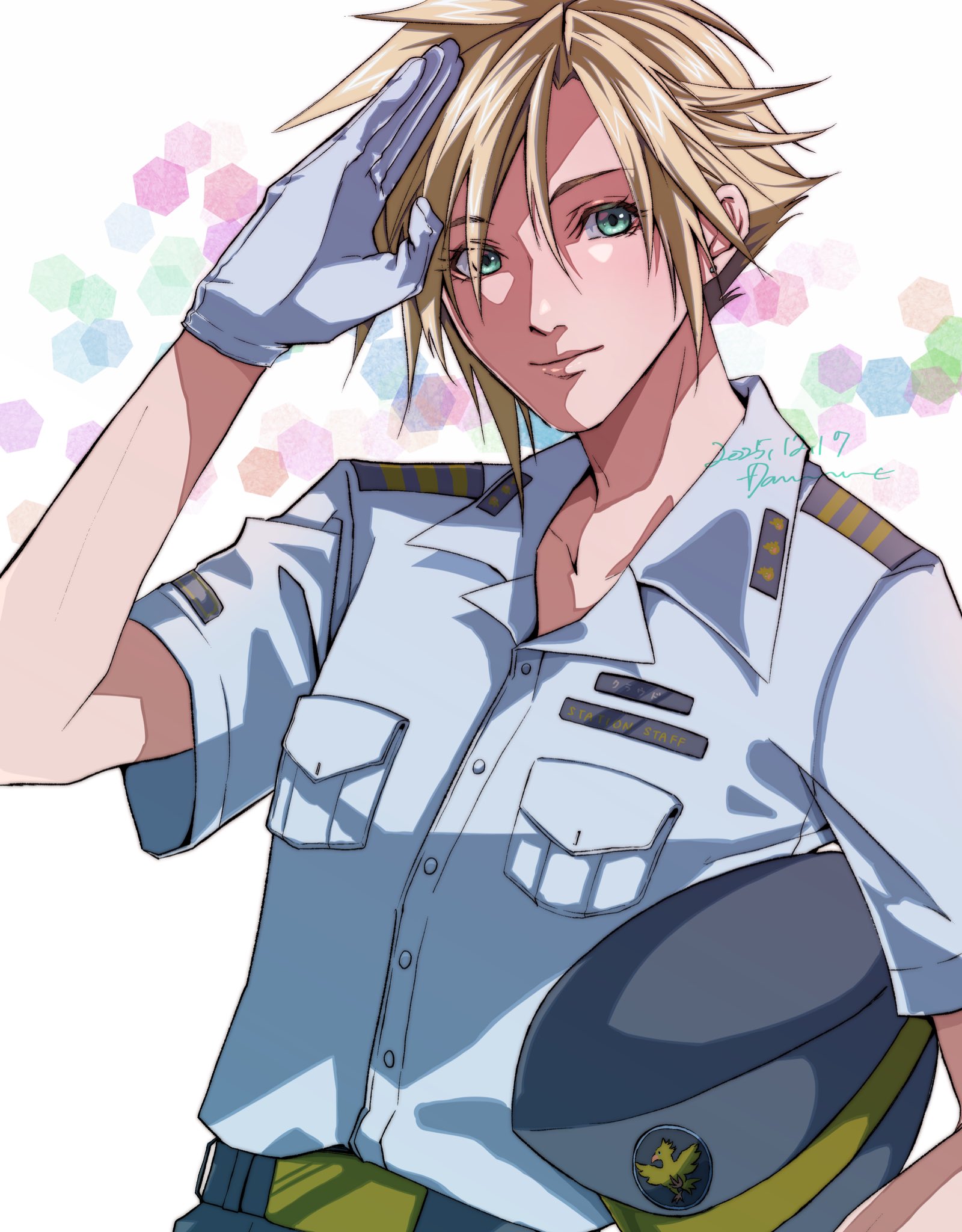 cloud strife, final fantasy, final fantasy vii, final fantasy vii remake, japan airlines, commentary, highres, symbol-only commentary, 1boy, belt, blonde hair, blue eyes, blue hat, closed mouth, collared shirt, gloves, hair between eyes, hat, holding, holding unworn clothes, holding unworn hat, looking at viewer, male focus, official alternate costume, salute, shirt, short hair, short sleeves, solo, spiked hair, unworn hat, unworn headwear, upper body, white gloves, white shirt, you ameno