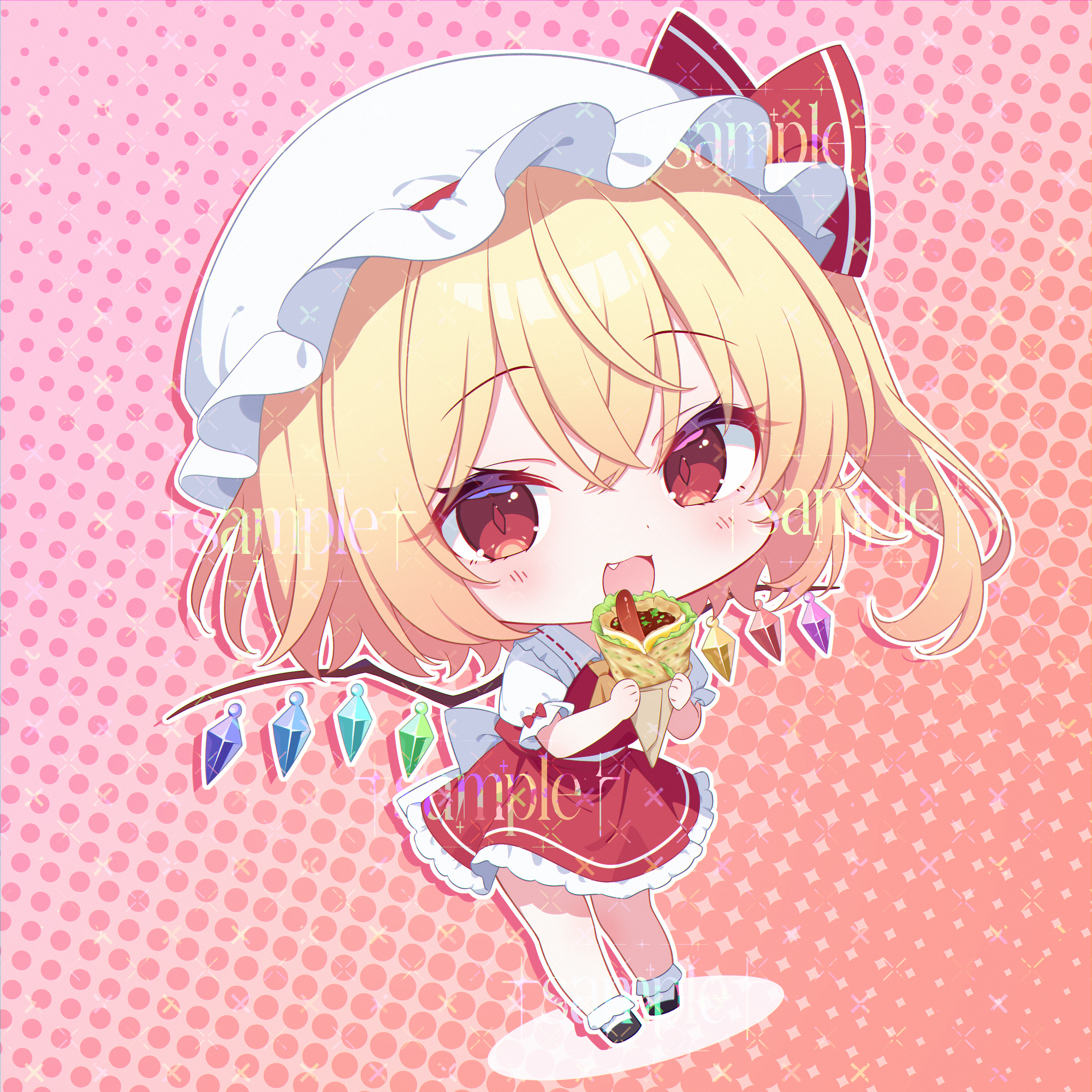 ohako miyu, flandre scarlet, touhou, absurdres, chinese commentary, commentary request, highres, 1girl, ascot, back bow, blonde hair, blush, bow, chibi, chibi only, collared shirt, crepe, crystal, crystal wings, fang, food, frilled shirt collar, frilled skirt, frills, full body, hat, holding, holding crepe, holding food, mob cap, multicolored wings, one side up, open mouth, red eyes, red skirt, red vest, ribbon-trimmed collar, ribbon trim, sample watermark, shirt, short sleeves, skirt, skirt set, smile, solo, vest, watermark, white bow, white hat, white shirt, wings, yellow ascot
