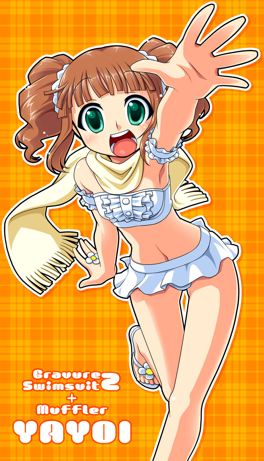 manjiduka, takatsuki yayoi, idolmaster, idolmaster (classic), highres, 00s, 1girl, bikini, brown hair, female focus, flip-flops, foreshortening, green eyes, open mouth, sandals, scarf, skirt, solo, swimsuit, twintails
