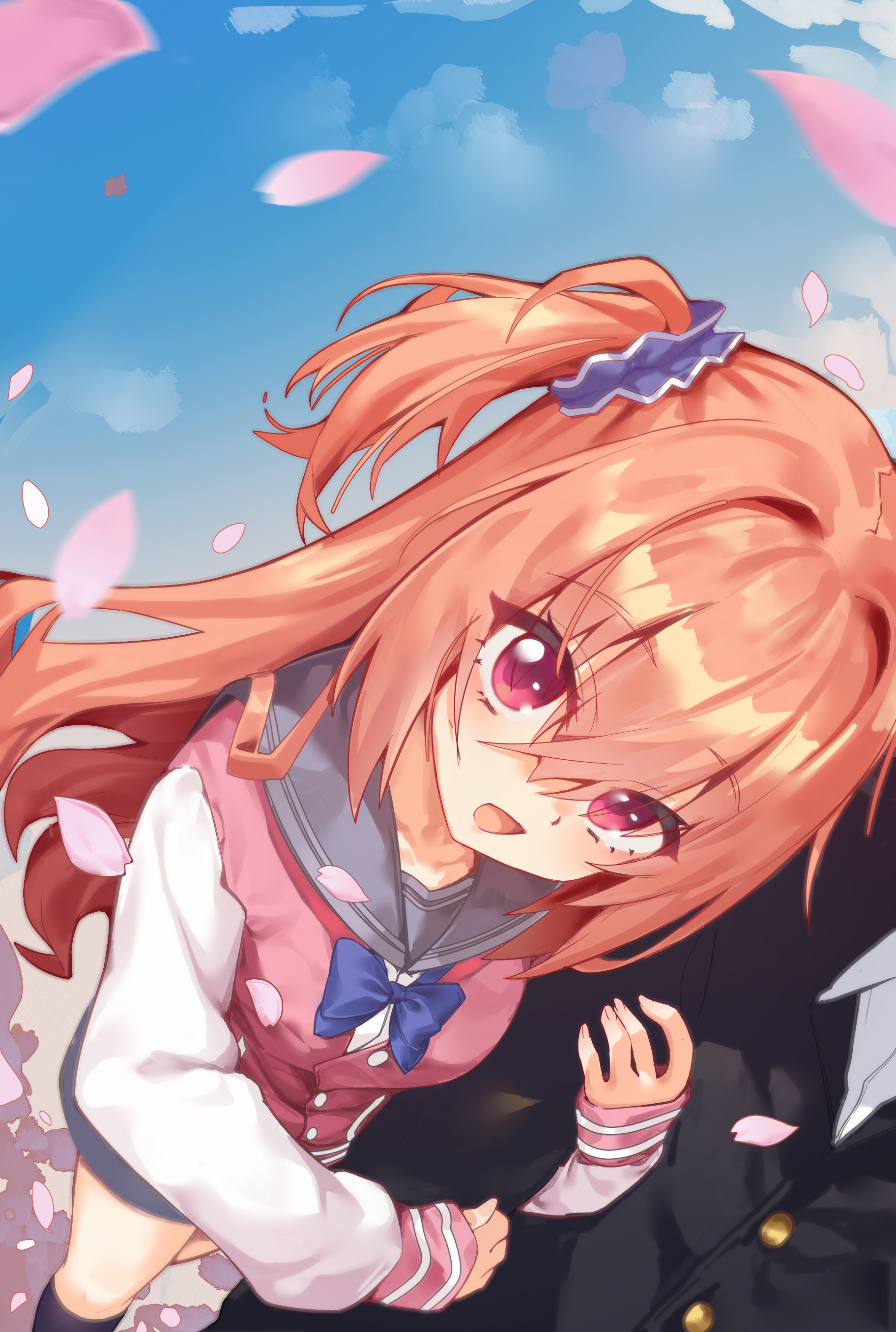 inaba meguru, sanoba witch, absurdres, highres, 1boy, 1girl, arm hug, cardigan vest, couple, long hair, looking at another, muchun (2571268436), one side up, open mouth, orange hair, petals, pink eyes, school uniform, skirt, smile, solo focus