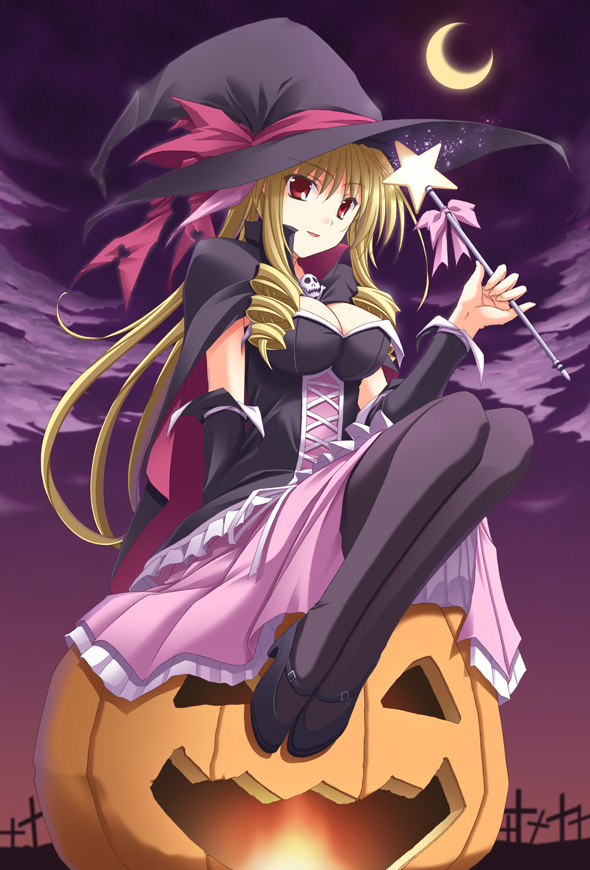 ryouta (ganko tuudere), tennousu athena, hayate no gotoku!, 00s, 1girl, blonde hair, breasts, cleavage, detached sleeves, drill hair, female focus, full body, halloween, hat, jack-o'-lantern, large breasts, long hair, moon, outdoors, pantyhose, pumpkin, red eyes, sky, solo, wand, witch, witch hat