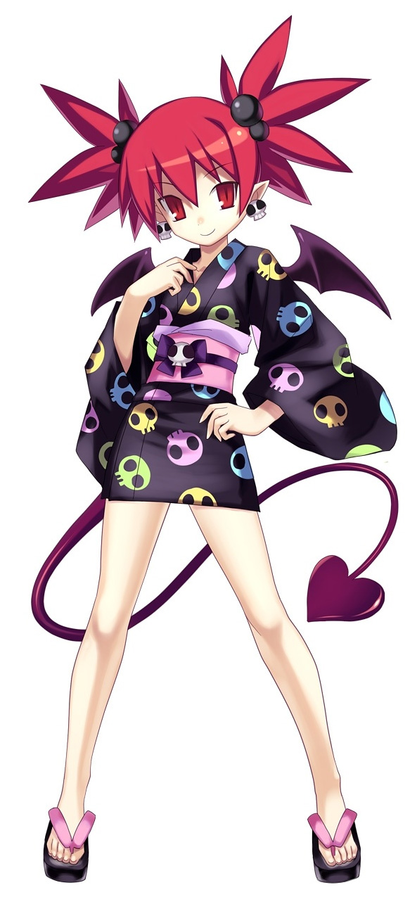 harada takehito, cross edge, disgaea, nippon ichi, etna, commentary, highres, official art, 1girl, demon girl, demon tail, demon wings, earrings, japanese clothes, jewelry, kimono, legs, pointy ears, red eyes, red hair, sandals, skull, solo, tail, twintails, wings, yukata