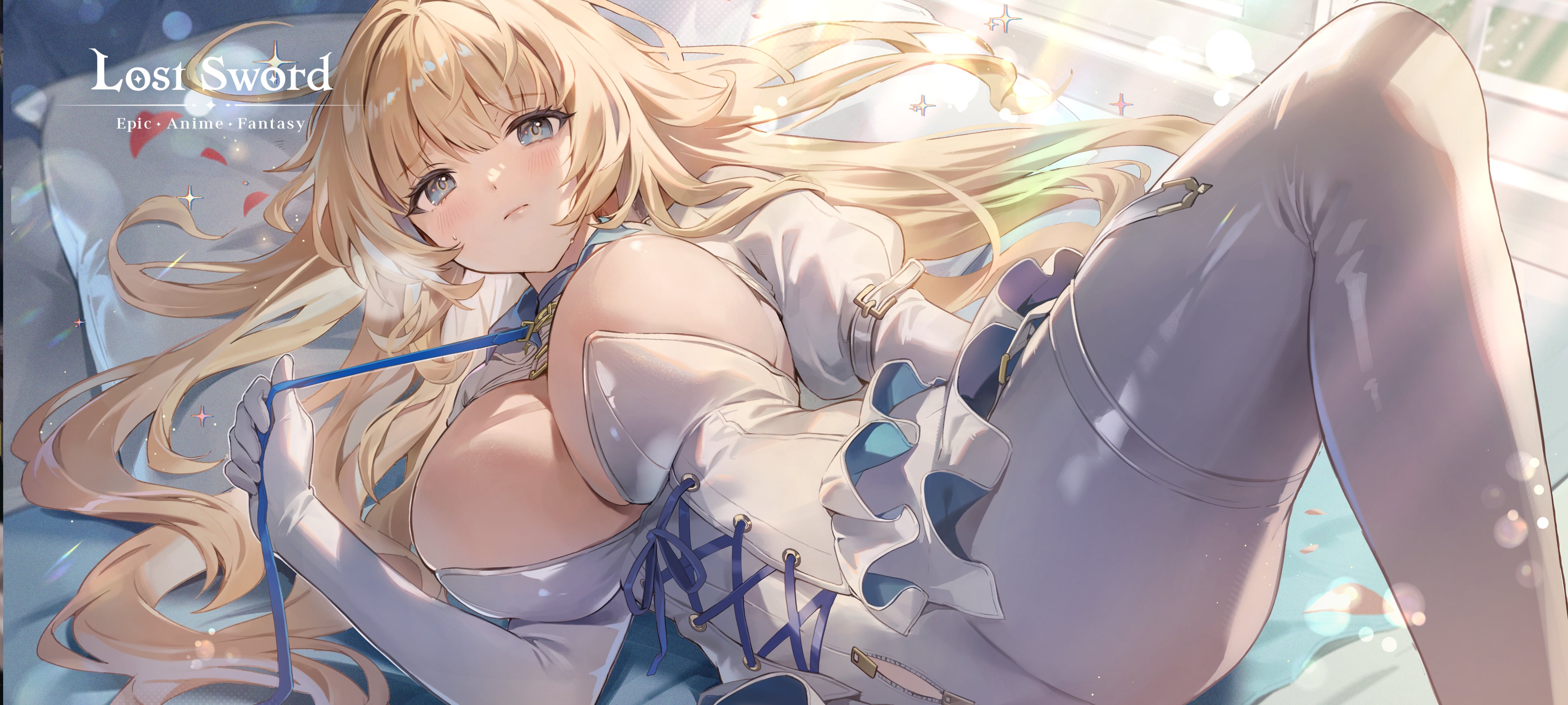 eva (lost sword), lost sword: tales of britania, absurdres, artist request, highres, 1girl, blonde hair, blue eyes, breasts, closed mouth, copyright name, corset, elbow gloves, gloves, holding, holding leash, leash, long hair, pillow, red petals, solo, white corset, white gloves, zipper, zipper pull tab