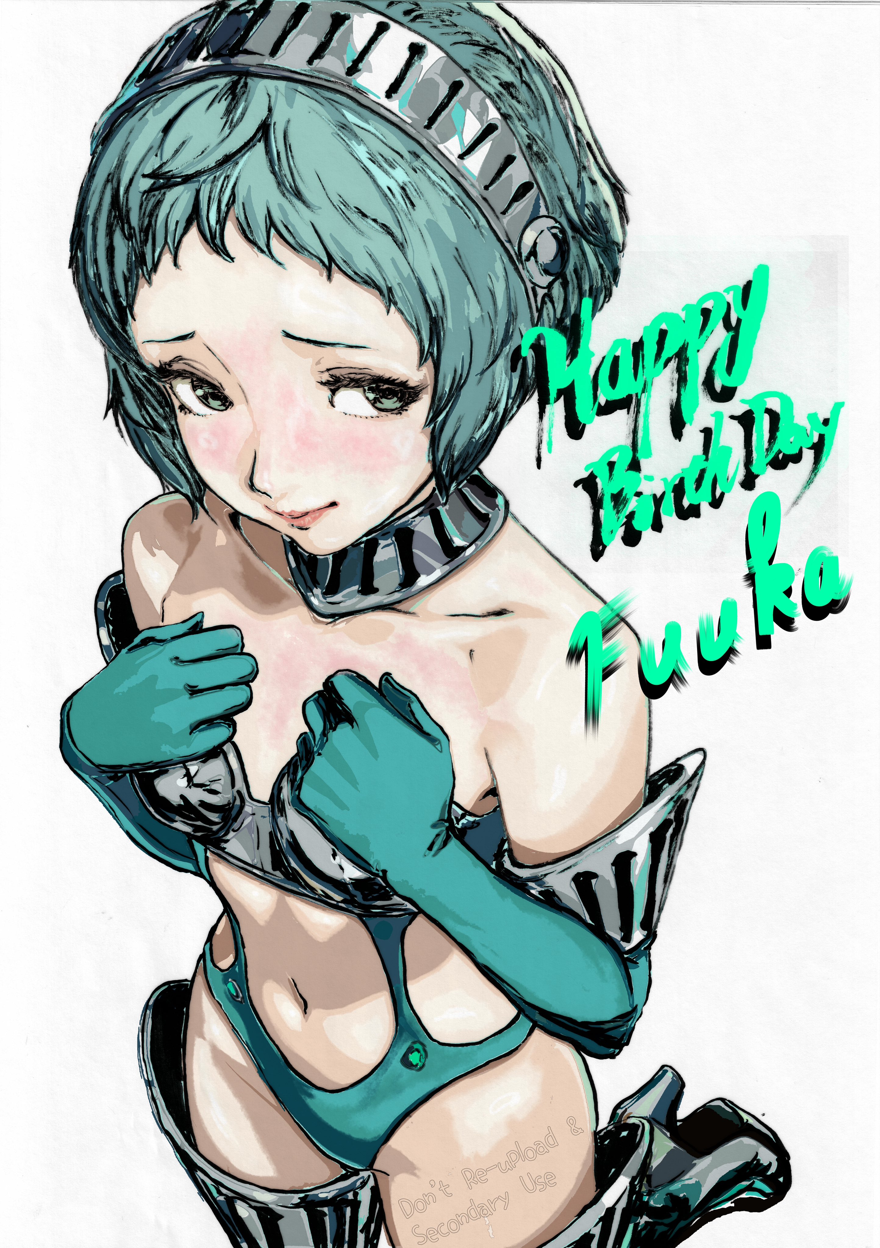 oeilvert fft, yamagishi fuuka, persona, persona 3, persona 3 reload, absurdres, highres, 1girl, aqua hair, armor, bare shoulders, bikini, bikini armor, blush, breasts, cleavage, closed mouth, gloves, green bikini, green eyes, green gloves, happy birthday, high-cut armor (persona), light smile, lips, short hair, small breasts, swimsuit, thighs