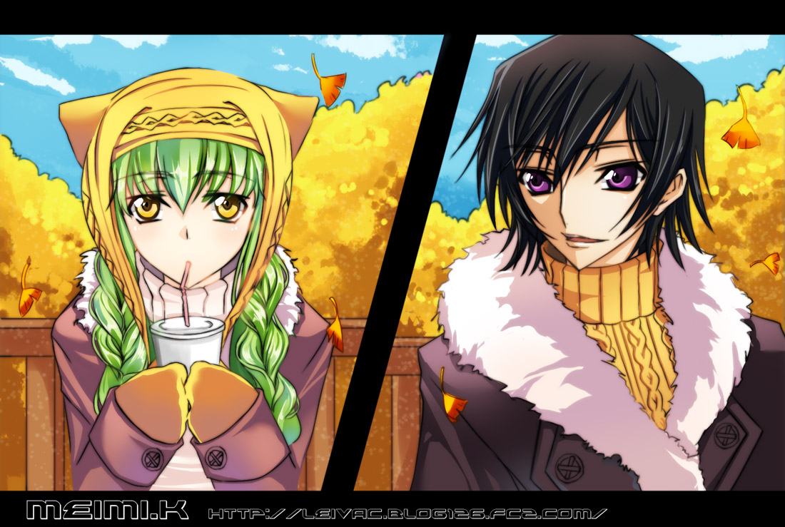 meimi k, c.c., lelouch vi britannia, code geass, spice and wolf, fur, 00s, 1boy, 1girl, black hair, braid, coat, drink, drinking straw, gloves, green hair, hat, leaf, purple eyes, turtleneck, twin braids, yellow eyes
