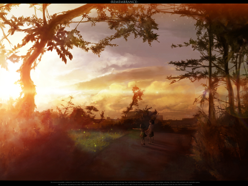 chitose rin, rel, original, light, bad id, bad pixiv id, cloud, glowing, holding hands, landscape, lens flare, letterboxed, nature, pointing, scenery, sky, sun, sunset, tree