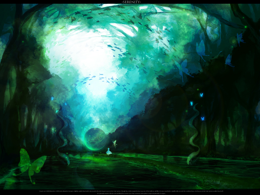 chitose rin, rel, original, bad id, bad pixiv id, 1girl, bug, butterfly, female focus, fish, insect, landscape, letterboxed, nature, scenery, solo, tree