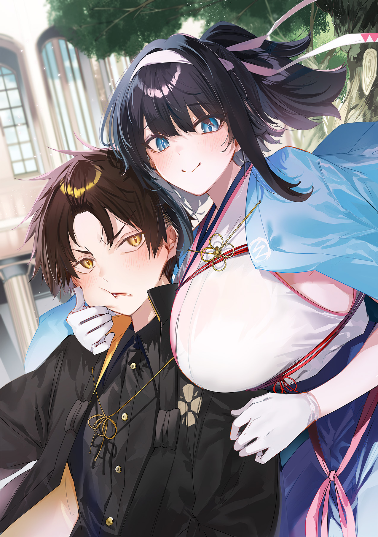 kakao (chocolate land), character request, commentary request, copyright request, highres, official art, 1boy, 1girl, black jacket, black shirt, blue eyes, blue kimono, blush, breasts, brown hair, closed mouth, day, fang, gloves, hairband, huge breasts, jacket, japanese clothes, kimono, looking at another, looking at viewer, looking to the side, medium hair, open clothes, open jacket, outdoors, parted bangs, parted lips, shirt, short hair, smile, white gloves, white hairband, yellow eyes