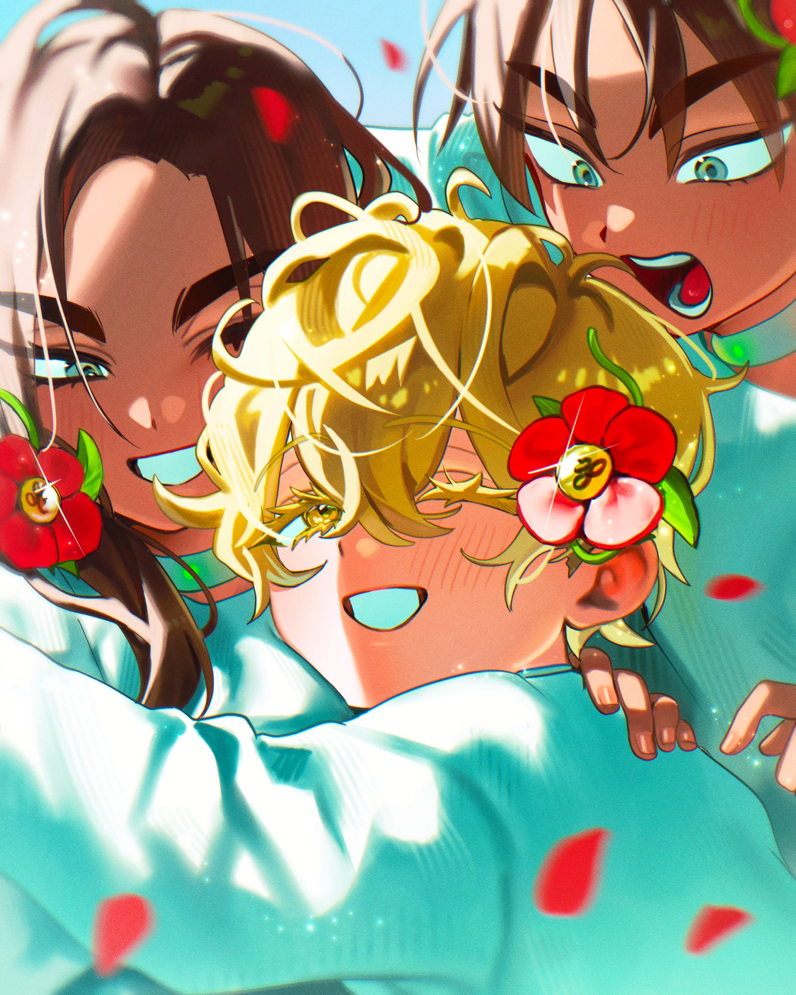 7eiaq3939, hyuna (alien stage), luka (alien stage), alien stage, commentary, english commentary, highres, 1girl, 2boys, brown hair, choker, colored eyelashes, dark-skinned female, dark-skinned male, dark skin, flower, grey eyes, hyunwoo (alien stage), long hair, multiple boys, one eye closed, red flower, red petals, short hair, white choker, yellow eyes