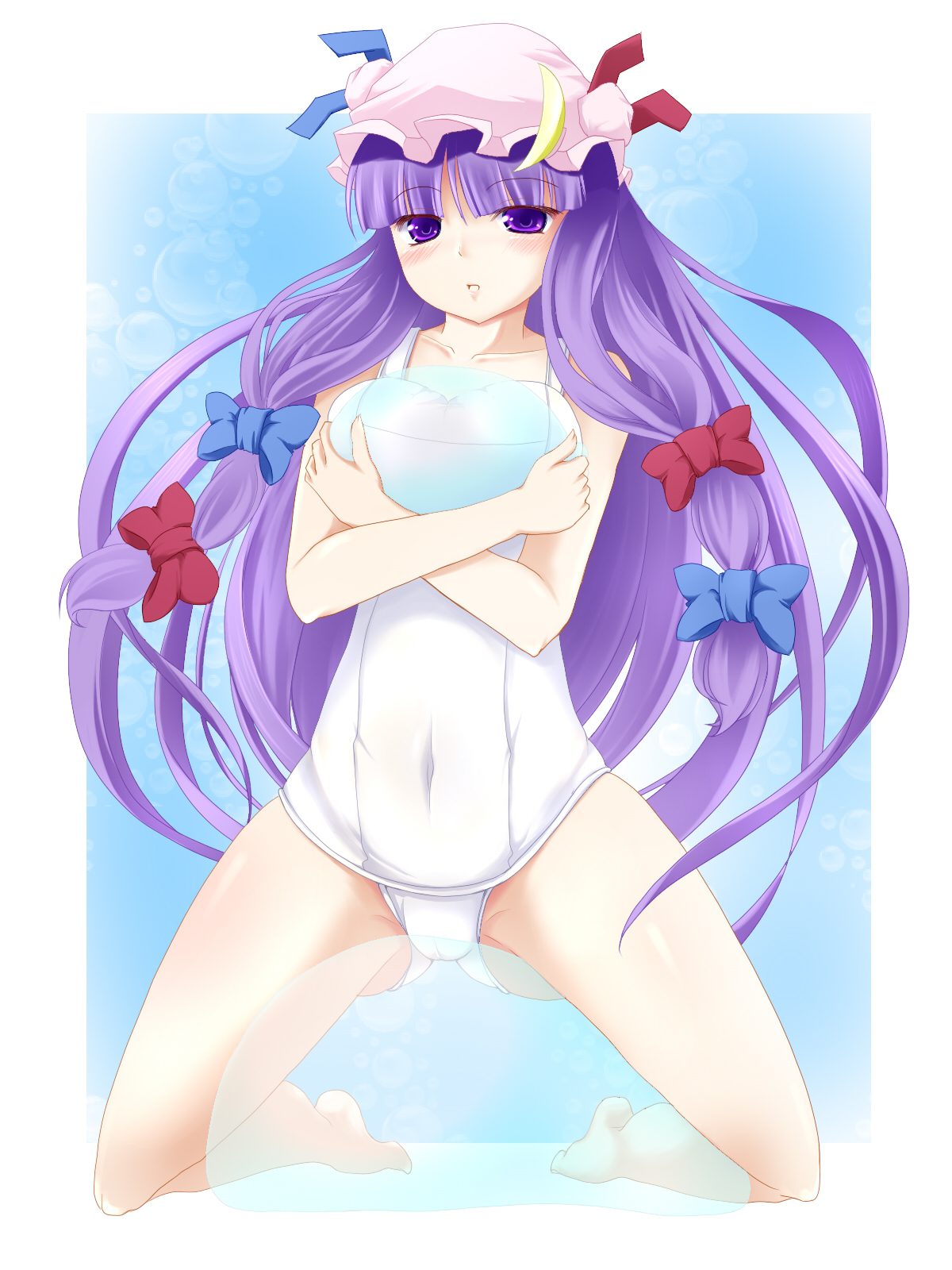 negamaro, patchouli knowledge, touhou, highres, 1girl, barefoot, between thighs, bow, breast press, breasts, bubble, cameltoe, covered navel, female focus, hair bow, hat, kneeling, large breasts, long hair, multiple hair bows, navel, one-piece swimsuit, purple eyes, purple hair, ribbon, school swimsuit, solo, swimsuit, thighs, transparent, very long hair, white one-piece swimsuit, white school swimsuit