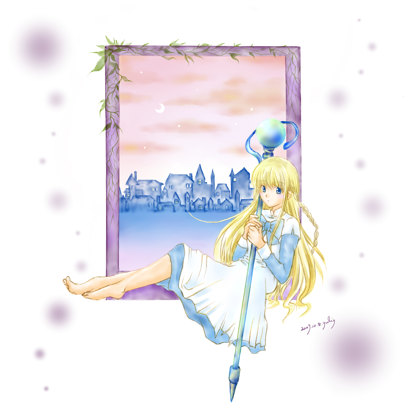 yurii (artist), yurii (yuliy624), tichiel juspian, tales weaver, 1girl, barefoot, blonde hair, blue eyes, braid, cityscape, feet, female focus, full body, outdoors, sky, solo, staff, window