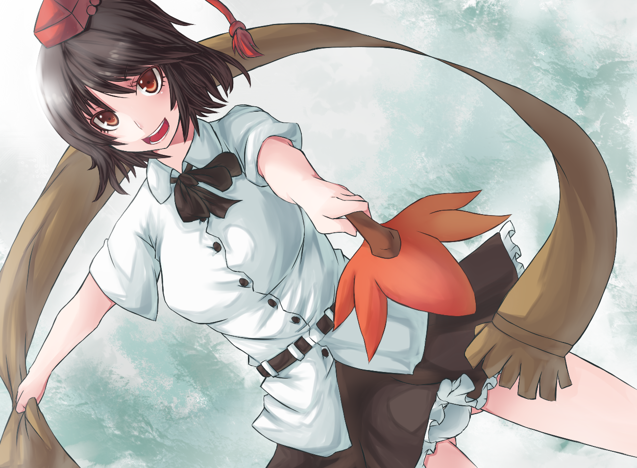 arcadia090, shameimaru aya, touhou, bad id, bad pixiv id, 1girl, belt, black hair, female focus, gradient background, hand fan, hat, panties, red eyes, scarf, short hair, skirt, sky, solo, tokin hat, underwear