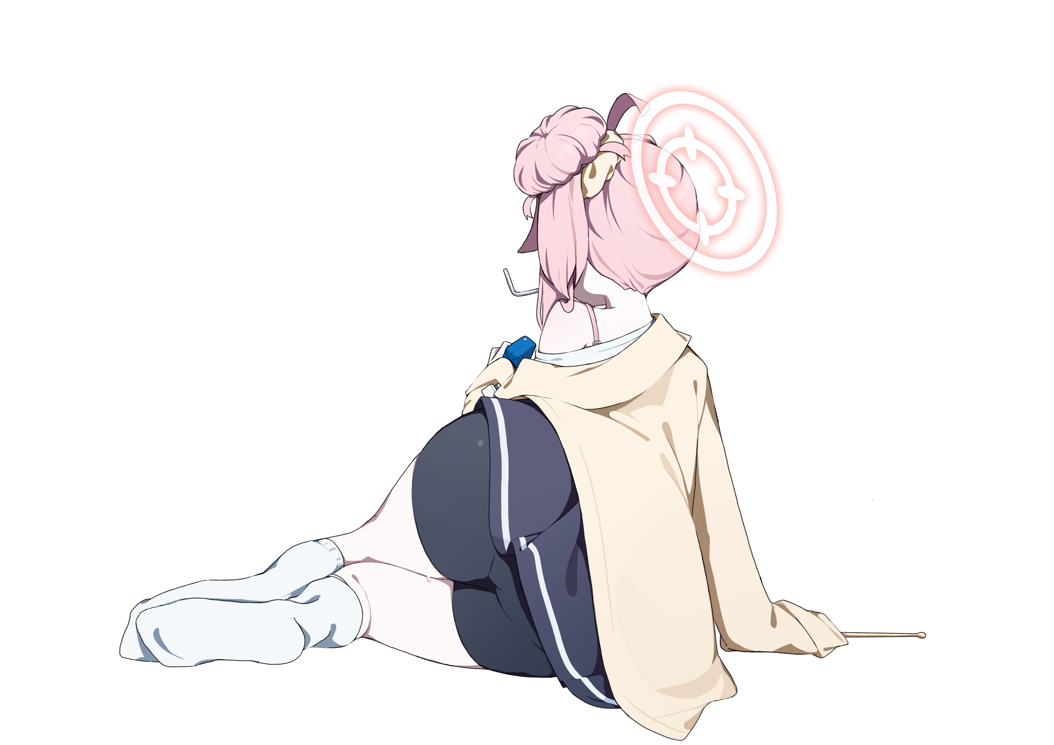 toombo12, natsu (band) (blue archive), natsu (blue archive), blue archive, absurdres, commentary, highres, 1girl, ahoge, ass, bike shorts, black skirt, bra strap, drink carton, drinking straw, drumsticks, facing away, from behind, hair bun, hair ornament, hair scrunchie, halo, holding, holding milk carton, jacket, long sleeves, lying, milk carton, no shoes, off-shoulder shirt, off shoulder, official alternate costume, on side, pink hair, pink halo, scrunchie, shirt, single bare shoulder, single side bun, single sleeve past fingers, single sleeve past wrist, skirt, socks, solo, white background, white shirt, white socks, yellow jacket