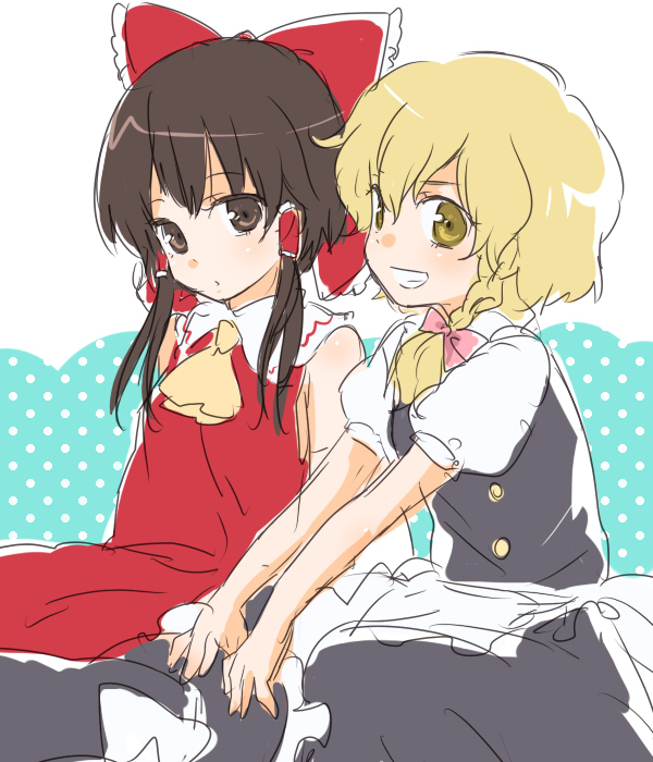 machiko (beard), hakurei reimu, kirisame marisa, touhou, 2girls, female focus, multiple girls, ribbon, short hair