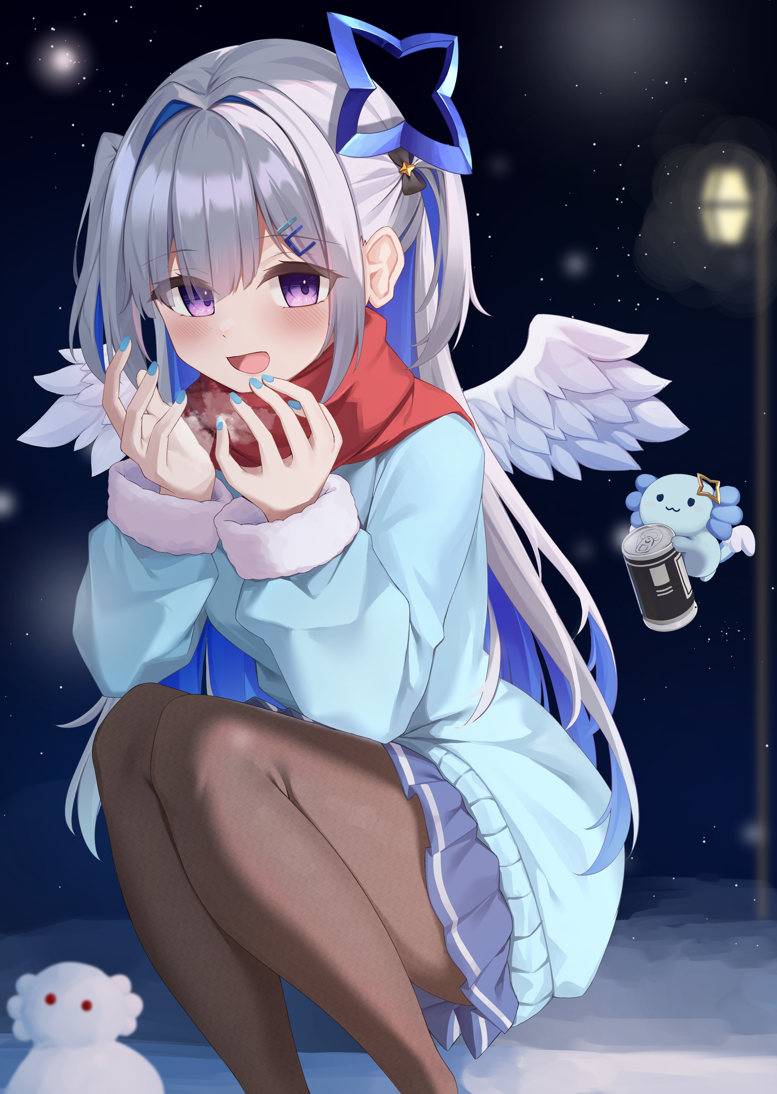 cet (hajisirazunoko), amane kanata, upao (amane kanata), hololive, absurdres, highres, 1girl, alternate costume, angel, angel wings, black pantyhose, black skirt, blue hair, blue jacket, blue nails, blue streaks, colored inner hair, grey hair, hair ornament, hairpin, jacket, lamppost, looking at viewer, multicolored hair, nail polish, outdoors, pantyhose, red scarf, scarf, skirt, smile, solo, streaked hair, two side up, virtual youtuber, wings, x hair ornament