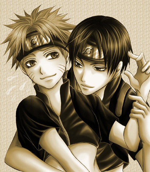 uzumaki naruto, yamanaka sai, naruto (series), naruto shippuuden, artist request, 2boys, headband, hug, male focus, multiple boys, smile, yaoi