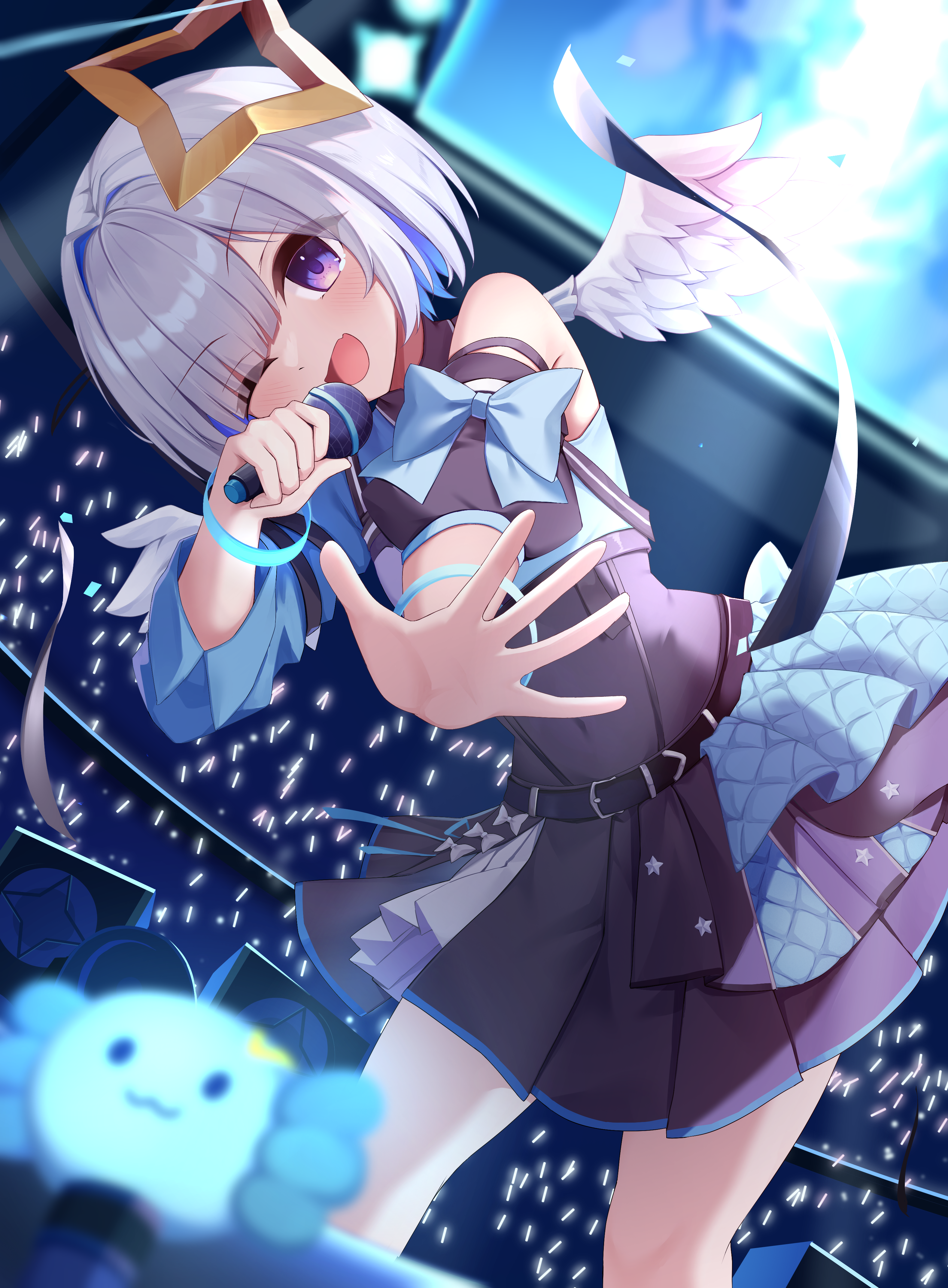 cet (hajisirazunoko), amane kanata, hololive, absurdres, highres, 1girl, angel, angel wings, belt, black belt, black shirt, black skirt, blue hair, blush, grey hair, hair intakes, halo, looking at viewer, medium hair, one eye closed, open mouth, purple eyes, shirt, skirt, solo, star halo, virtual youtuber, wings