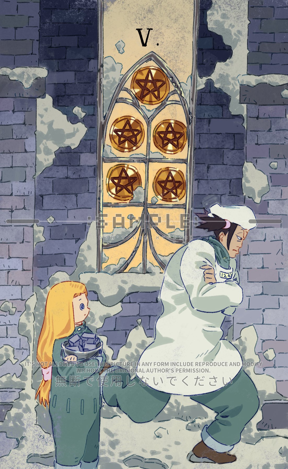 siyangou49, one piece, commentary, highres, 2girls, black hair, blonde hair, brown shoes, coin, hat, holding, multiple girls, ponytail, profile, roman numeral, sample watermark, shoes, snow, soran (one piece), twintails, watermark, white hat