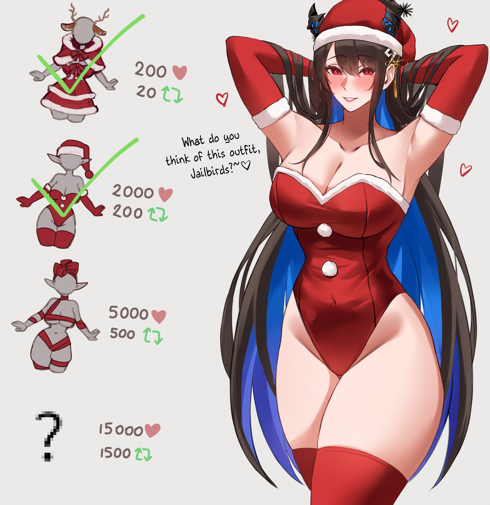 linyi, nerissa ravencroft, hololive, hololive english, highres, 1girl, arms behind head, arms up, black hair, blue hair, breasts, cleavage, closed mouth, colored inner hair, demon horns, elbow gloves, fur-trimmed gloves, fur-trimmed headwear, fur-trimmed leotard, fur trim, gloves, hat, heart, horns, large breasts, leotard, long hair, looking at viewer, multicolored hair, red eyes, red gloves, red hat, red leotard, santa costume, smile, solo, very long hair, virtual youtuber