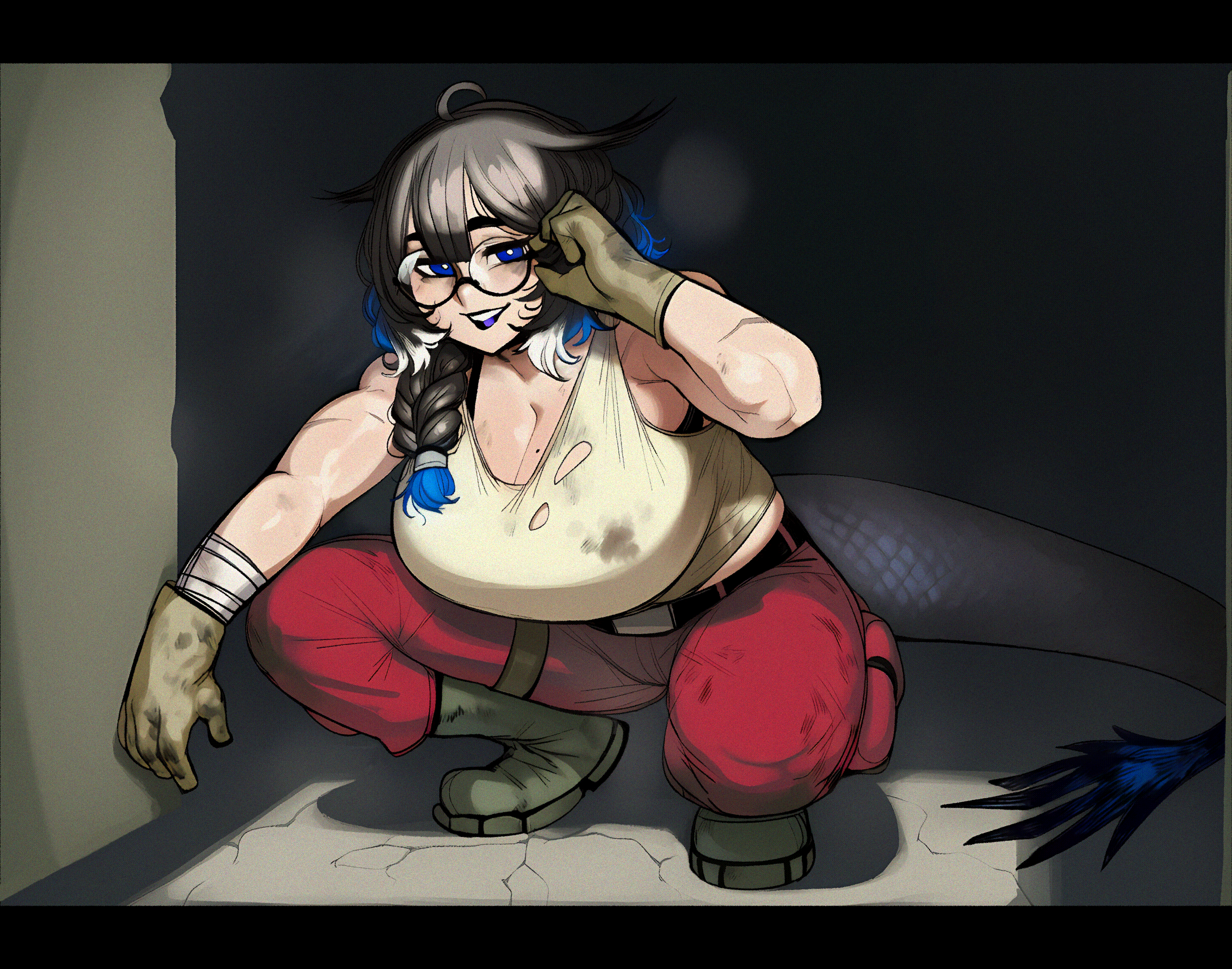 star platignome, kjera (arknights), arknights, absurdres, commentary, english commentary, highres, 1girl, adjusting eyewear, ahoge, bandaged arm, bandages, bare shoulders, belt, black-framed eyewear, black belt, black hair, blue eyes, blue hair, blue lips, blue tail, blunt bangs, boots, bra, bra peek, braid, breasts, bright pupils, cleavage, crack, cracked floor, dirty, dirty clothes, double-parted bangs, full body, glasses, gloves, huge breasts, long hair, looking at viewer, low side ponytail, mole, mole on breast, pants, red pants, round eyewear, scar, scar on arm, side braid, smile, solo, squatting, tail, tank top, torn clothes, torn tank top, underwear, white hair, white pupils, work gloves