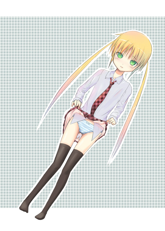 dune (artist), sanzen'in nagi, hayate no gotoku!, 00s, 1girl, black thighhighs, blonde hair, blush, female focus, green eyes, long hair, necktie, panties, skirt, solo, striped clothes, striped panties, thighhighs, twintails, underwear