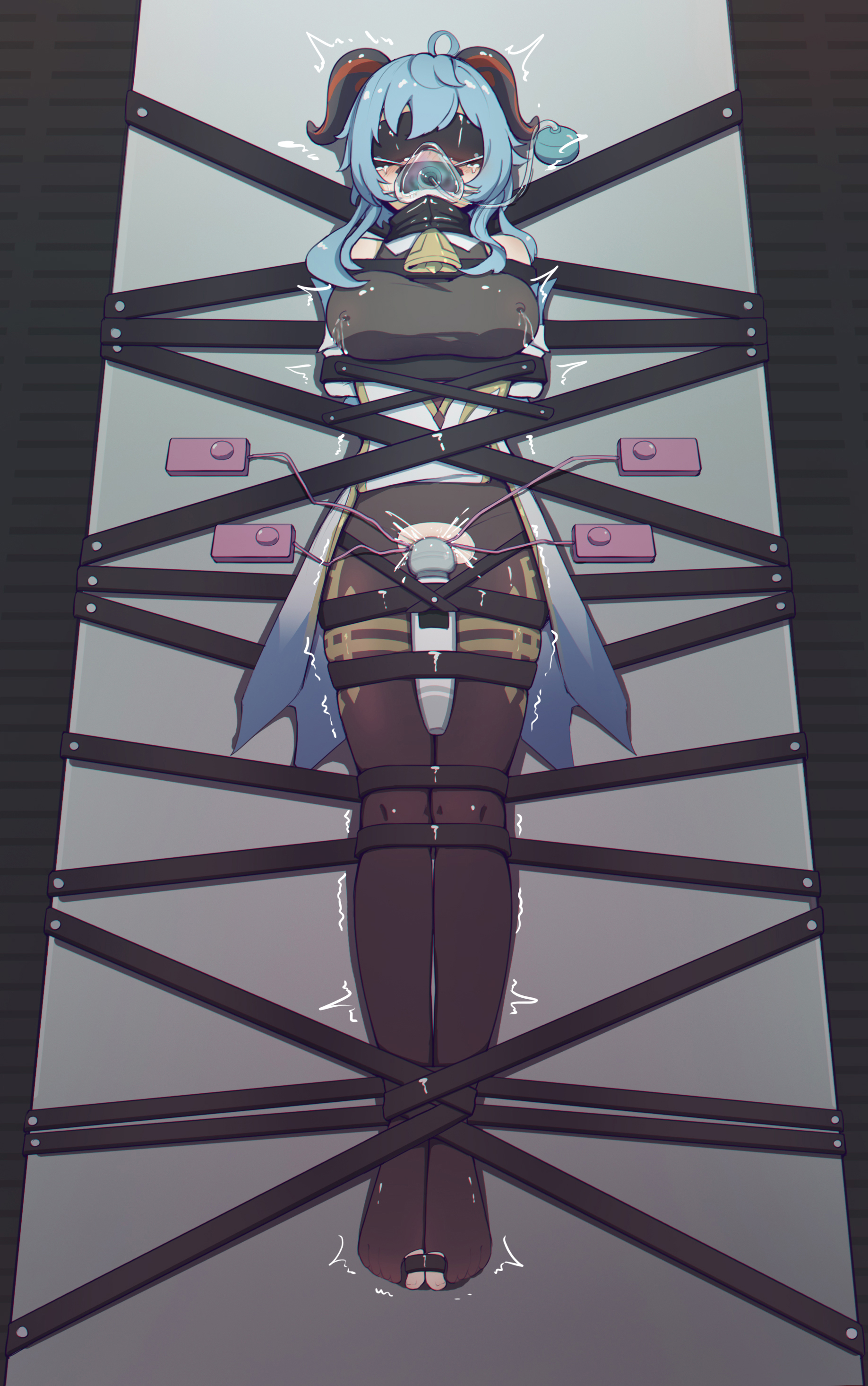 xiao chai hu, ganyu (genshin impact), genshin impact, 1girl, bdsm, bell, blindfold, blue hair, bondage, bound, bound toes, breasts, covered erect nipples, crying, drooling, duct tape, female ejaculation, female focus, forced orgasm, full body, gag, gagged, gas mask, hitachi magic wand, horns, improvised gag, large breasts, mask, orgasm torture, restrained, sex toy, solo, stationary restraints, twintails, vibrator