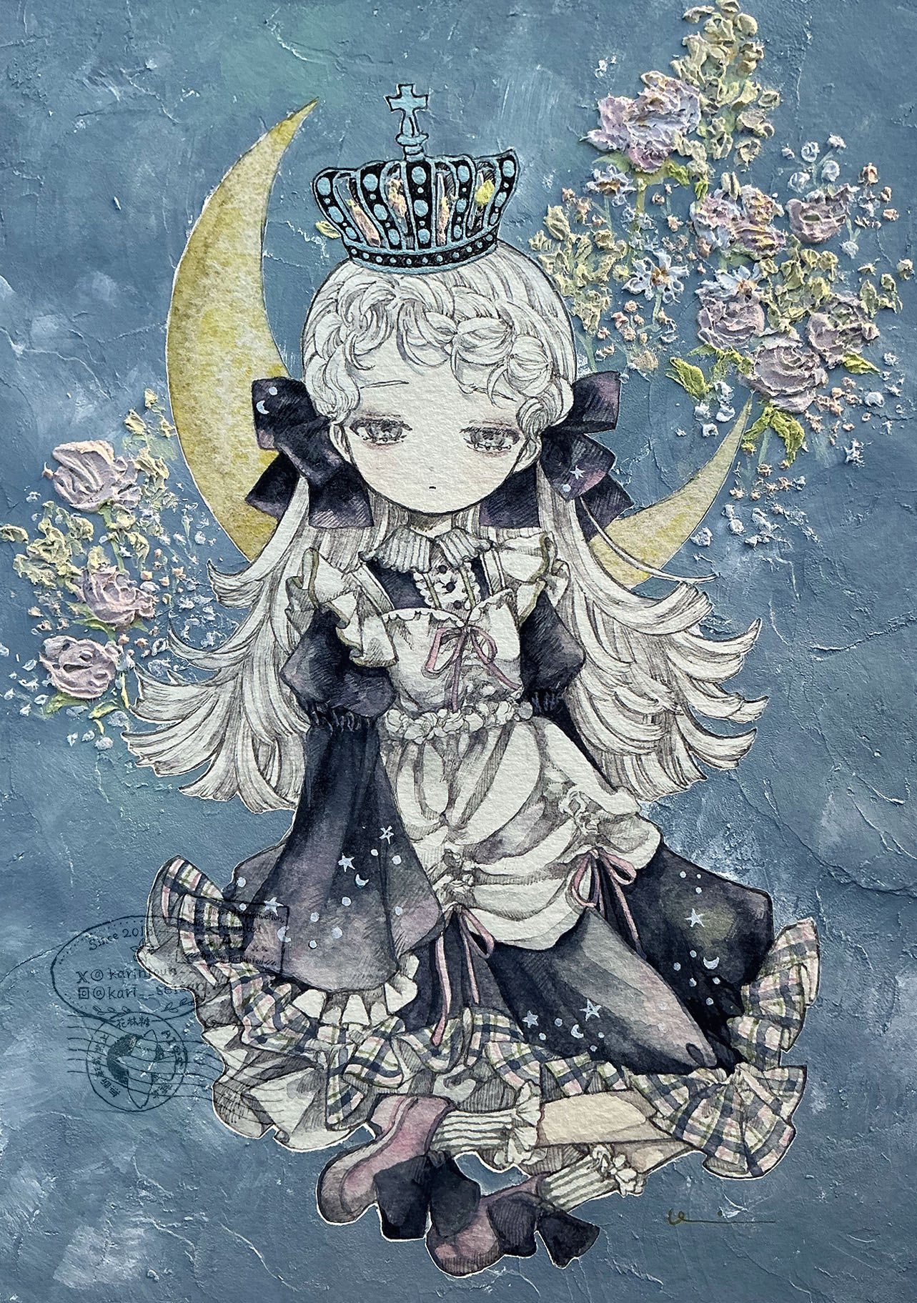 karintoun, original, acrylic paint (medium), commentary request, highres, mixed media, painting (medium), traditional media, watercolor (medium), 1girl, apron, blonde hair, blue background, bow, closed mouth, crescent moon, crown, curly hair, dress, expressionless, floating, floral background, frills, full body, hair bow, hair ribbon, half-closed eyes, instagram logo, instagram username, lace, loafers, lolita fashion, long hair, long sleeves, looking at viewer, moon, pale skin, parted bangs, pink ribbon, plaid clothes, plaid skirt, postmark, ribbon, shoes, sidelocks, signature, sitting, skirt, socks, solo, striped clothes, striped socks, twitter username, twitter x logo, watermark, wavy hair