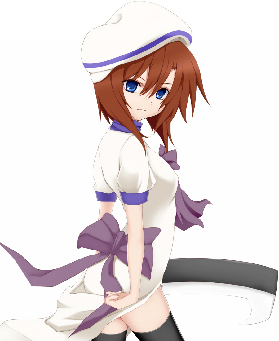 nemu (nebusokugimi), ryuuguu rena, higurashi no naku koro ni, no naku koro ni (series), 00s, 1girl, billhook, blue eyes, bow, brown hair, dress, female focus, hashitsuki nata, hatchet, nata (tool), solo, thighhighs, white background, zettai ryouiki