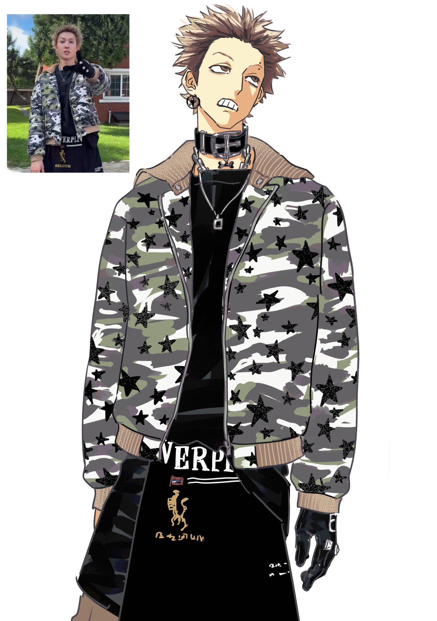 sishuiloe 1994, commentary, highres, photo-referenced, symbol-only commentary, 1boy, animal collar, annoyed, bags under eyes, belt collar, black collar, black gloves, black pants, black shirt, blonde hair, bone necklace, brown eyes, brown trim, camouflage, camouflage jacket, chain, chain necklace, clenched teeth, clothes around waist, collar, cortis, dog tags, earrings, empty eyes, eyebrow piercing, eyeshadow, eyeshadow under eye, face piercing, fashion, forehead, gloves, head tilt, jacket, jacket around waist, jewelry, k-pop, long sleeves, looking to the side, makeup, male focus, martin (cortis), necklace, open clothes, open jacket, pants, photo inset, piercing, punk, reference inset, ring, rolling eyes, sanpaku, shirt, shirt partially tucked in, short hair, single earring, single glove, solo, spiked hair, star (symbol), star earrings, star print, streetwear, tareme, teeth, very short hair, white background