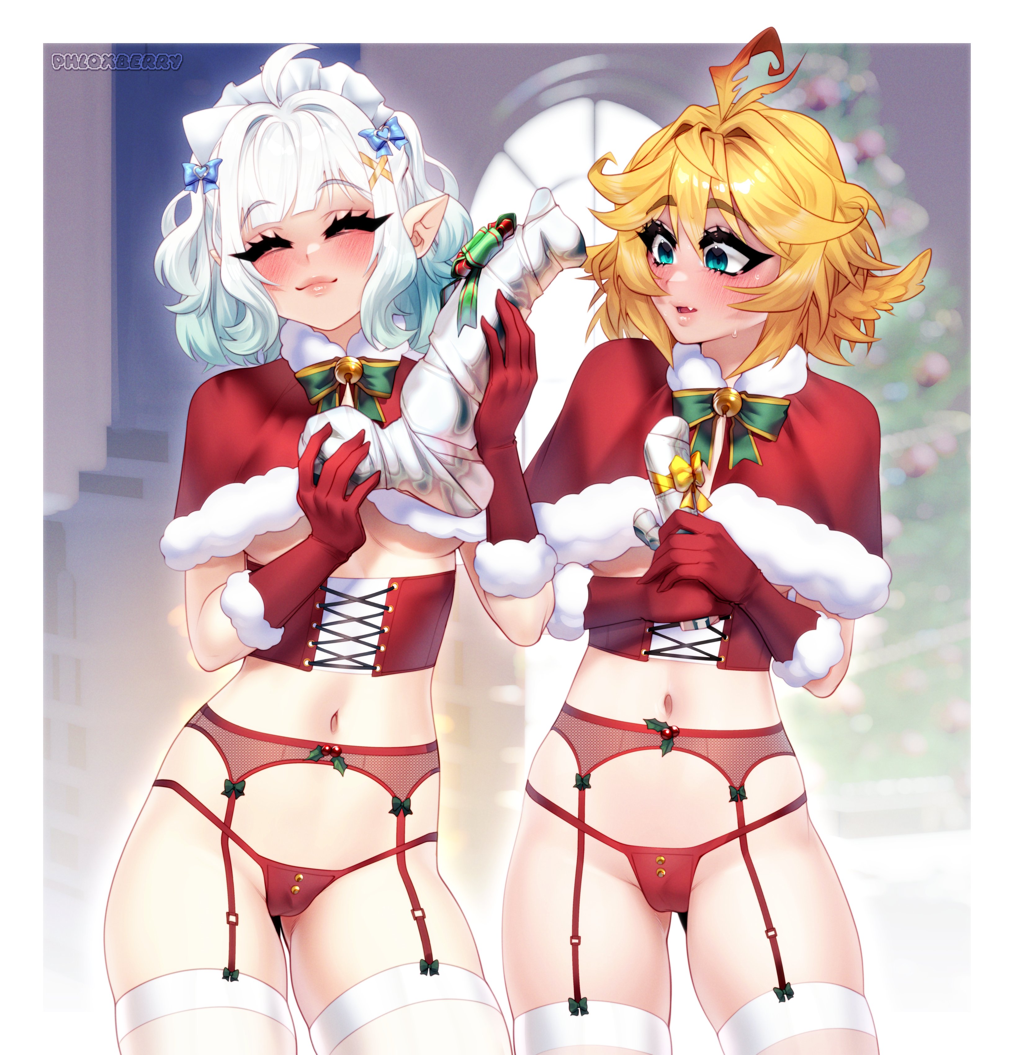 phloxberry, dokibird, mint fantome, densetsu.exe, indie virtual youtuber, absurdres, highres, 2girls, ahoge, aqua hair, bikini, blonde hair, bow, bowtie, breasts, christmas, christmas tree, christmas wreath, closed eyes, coat, corset, dildo, fang, feather hair, fur-trimmed gloves, fur trim, garter belt, garter straps, ghost girl, gift, gloves, green eyes, holding, holding gift, holding sex toy, huge dildo, implied yuri, legs, maid headdress, midriff, multiple girls, navel, nervous, panties, pointy ears, red gloves, red panties, santa bikini, santa costume, sex toy, sexually suggestive, short hair, skin fang, small breasts, smile, sweat, swimsuit, thighhighs, thighs, underboob, underbust, underwear, virtual youtuber, white hair, wreath
