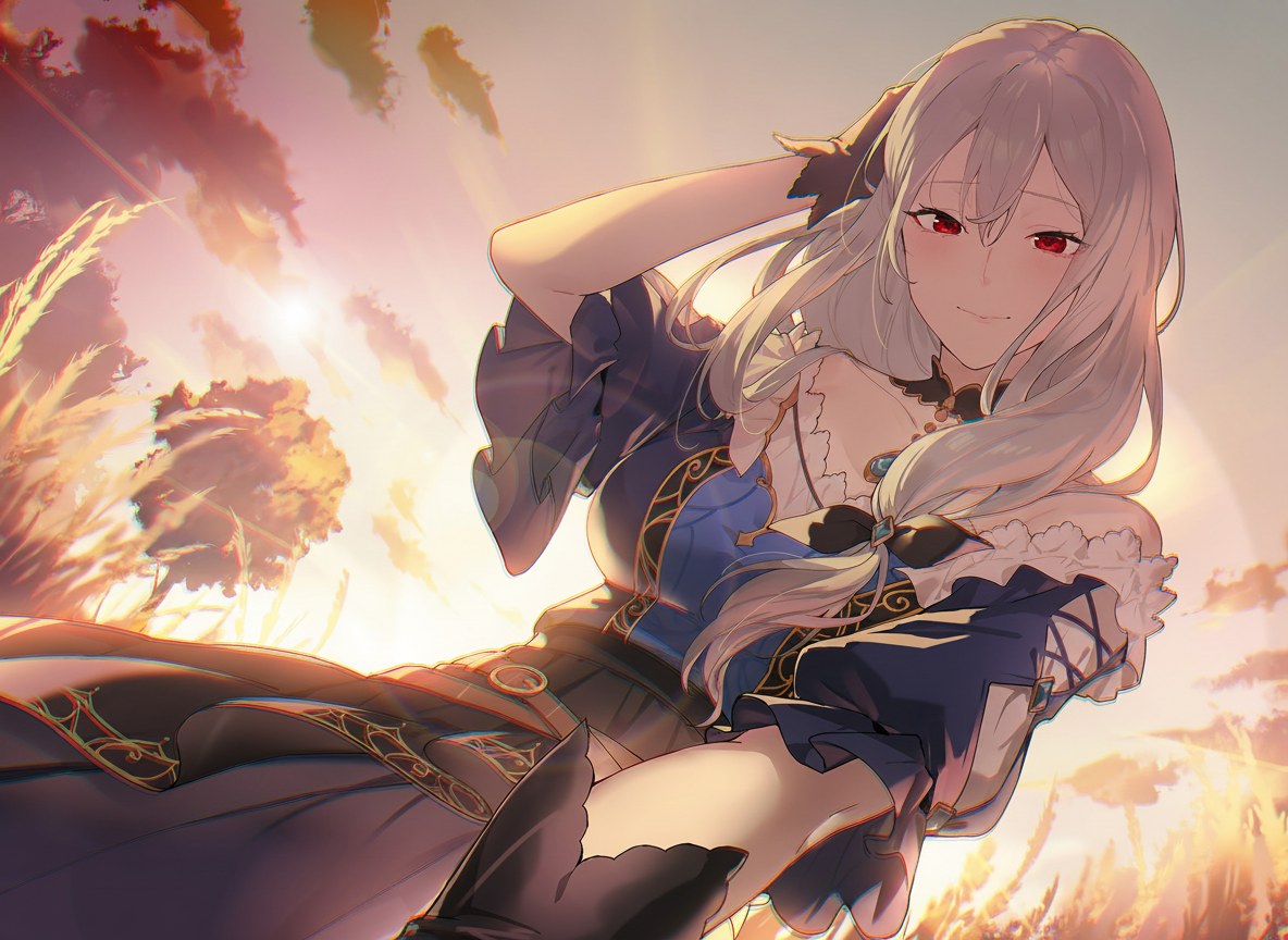 non-web source, dress, medium hair, red eyes, twilight, white hair