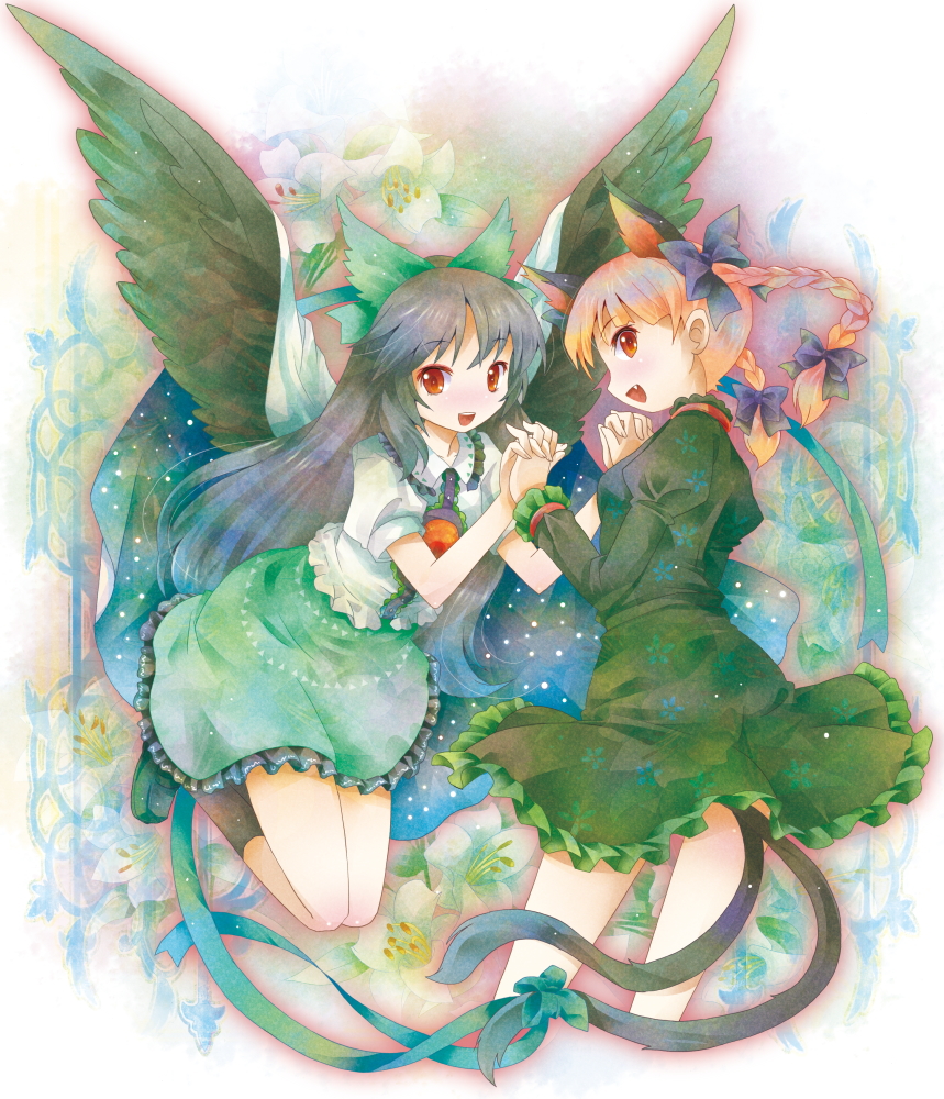 michii yuuki, kaenbyou rin, reiuji utsuho, touhou, bad id, bad pixiv id, 2girls, animal ears, black hair, black wings, bow, braid, cat ears, cat girl, cat tail, dress, fang, female focus, long hair, looking back, multiple girls, multiple tails, red eyes, red hair, tail, twin braids, wings